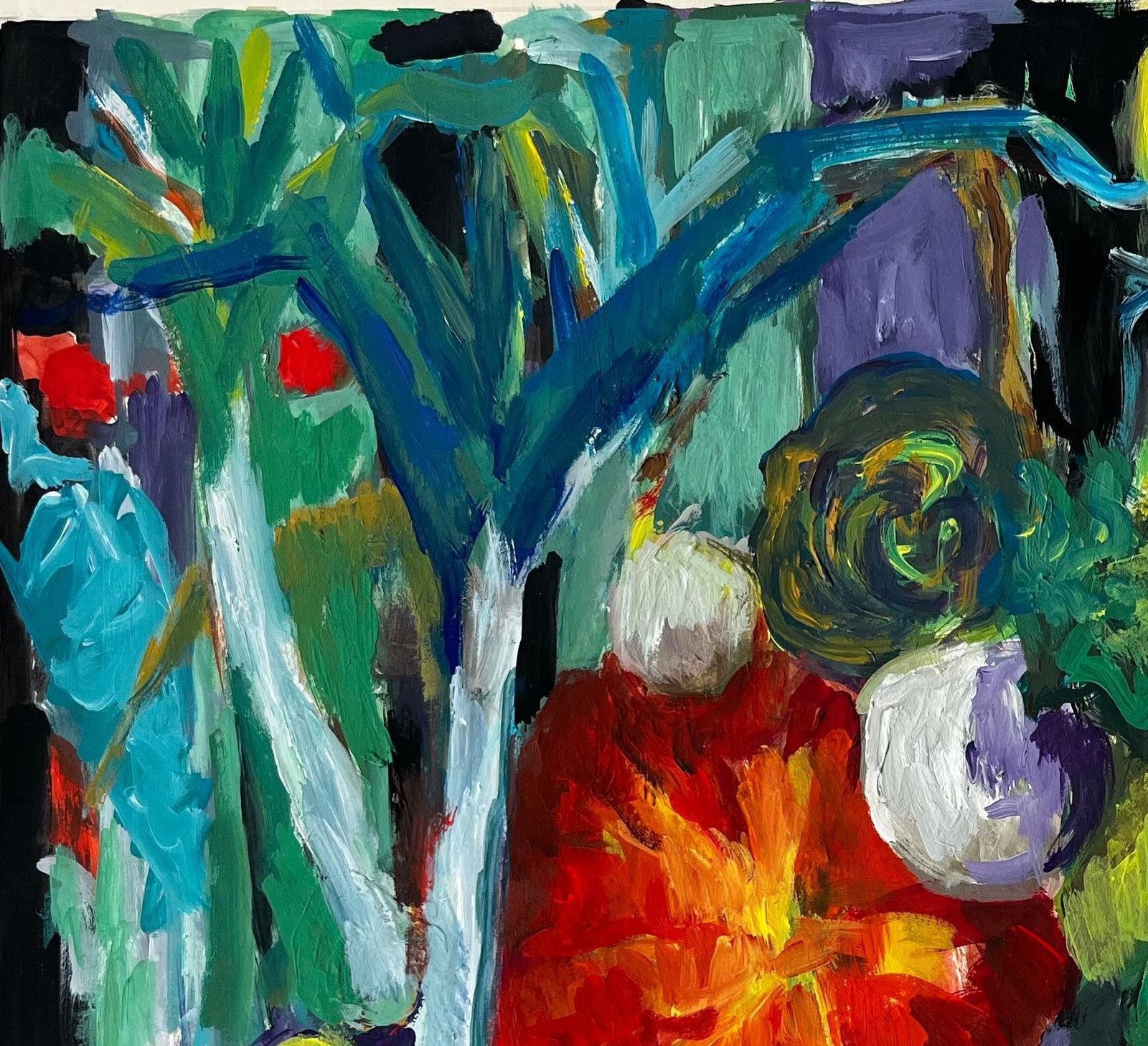 Guy Nicod Vibrant Still Life With Bananas Pumpkin And Leeks French Modernist Gouache photo 600.0