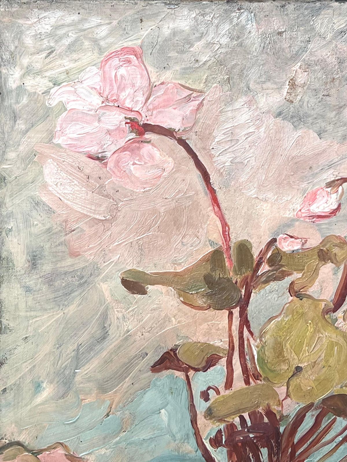 Suzanne Dinkes Cyclamen In Orange Pot In Blue Interior French Mid Century Painting 1950's photo for sale