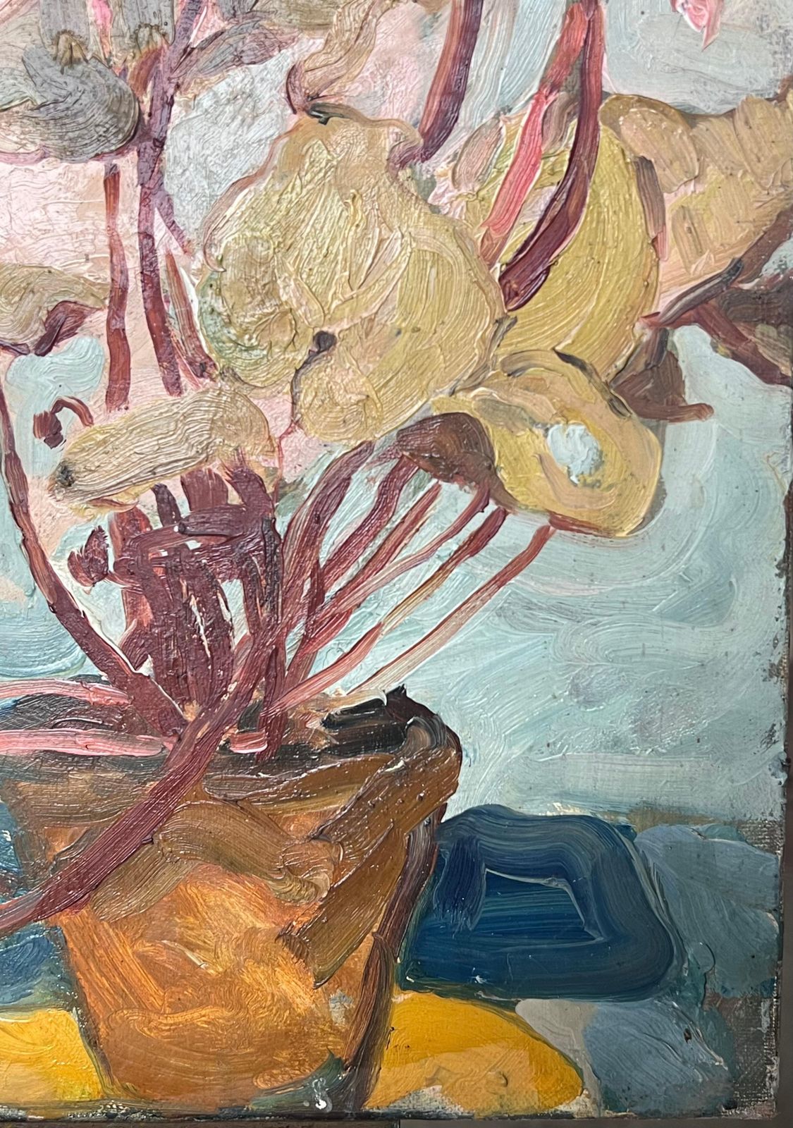 Suzanne Dinkes Cyclamen In Orange Pot In Blue Interior French Mid Century Painting 1950's photo 410.0