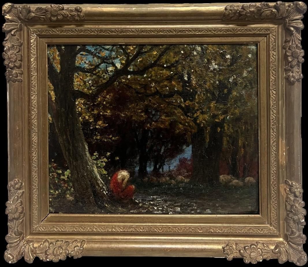Antique French Barbizon Mid 19th Century French Barbizon Woodland Oil Painting Semi Nude Figure 1953