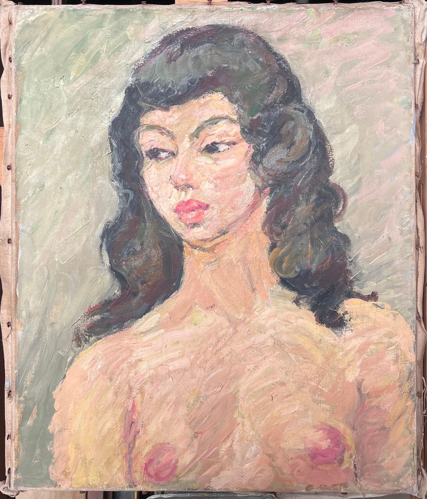 Suzanne Dinkes Nude Breast Portrait Of A Female With Black Hair French Painting 1950's photo furniture