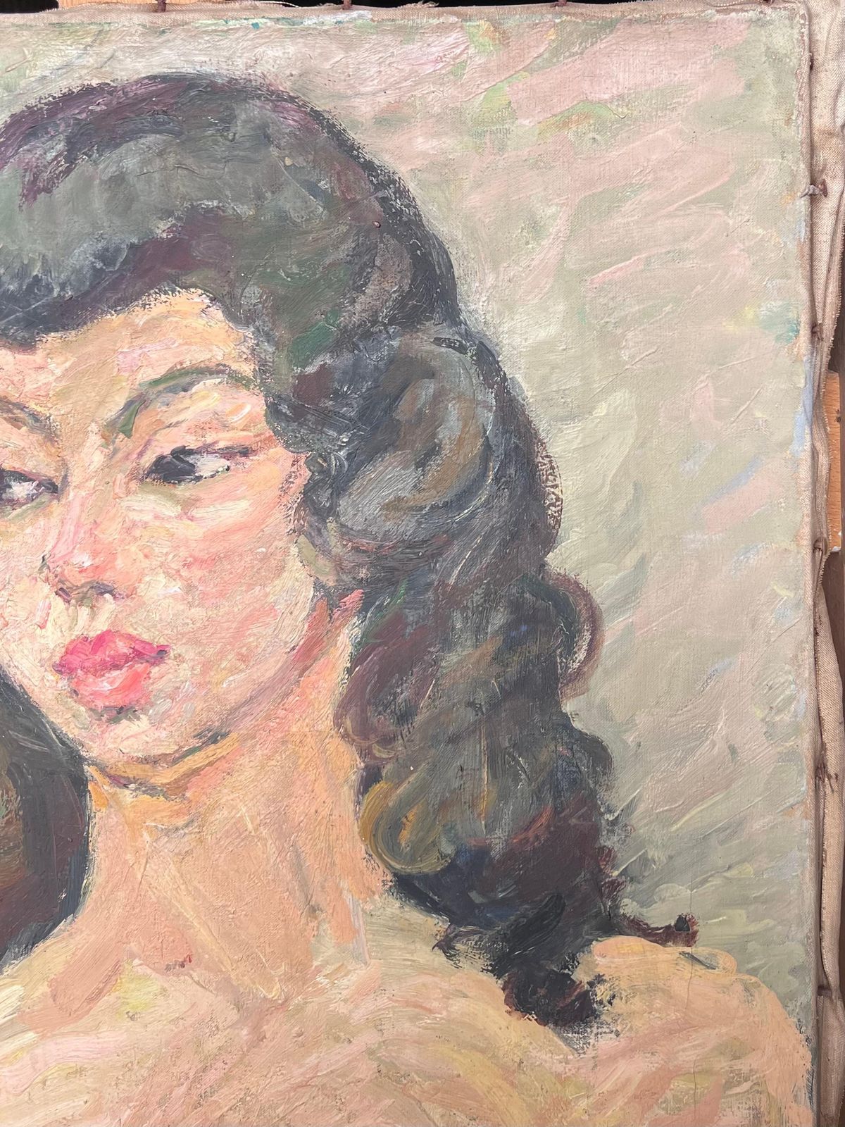 Suzanne Dinkes Nude Breast Portrait Of A Female With Black Hair French Painting 1950's photo for sale