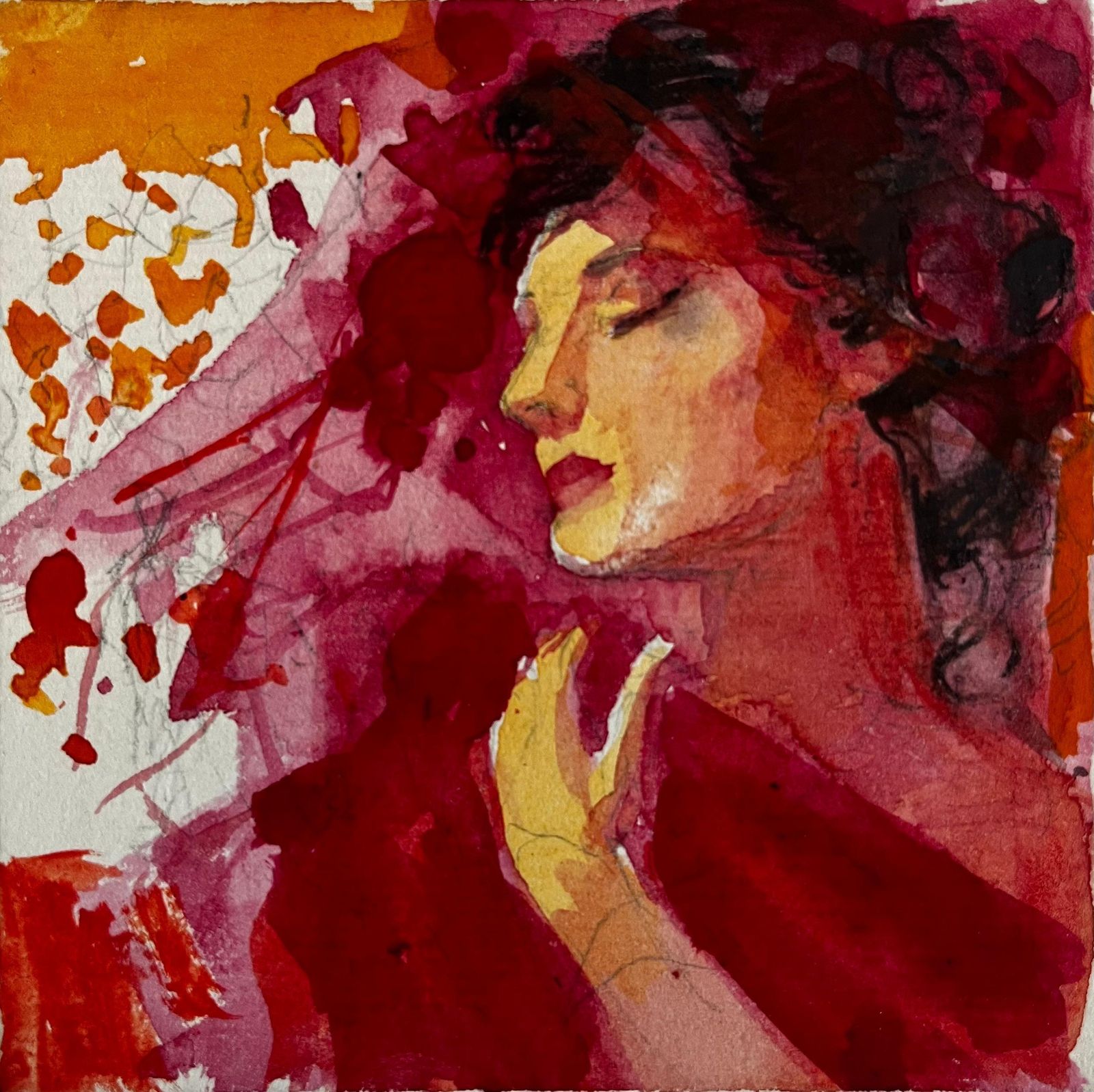 Pierre Neveu Expressive Female Portrait In Red Watercolor Gouache French Modernist