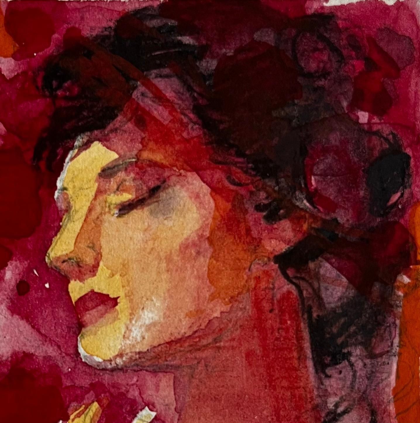 Pierre Neveu Expressive Female Portrait In Red Watercolor Gouache French Modernist photo for sale