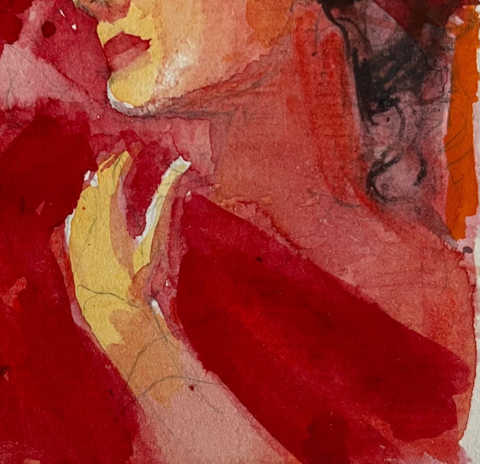 Pierre Neveu Expressive Female Portrait In Red Watercolor Gouache French Modernist photo Art