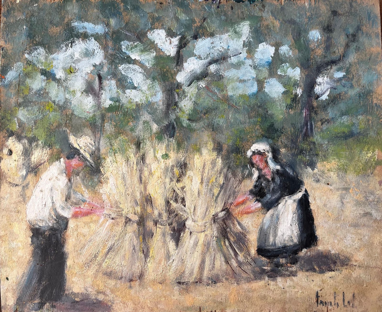 Fanch Lel French Rural Harvest Scene With Farm Workers Bundling Wheat In Forest Landscape