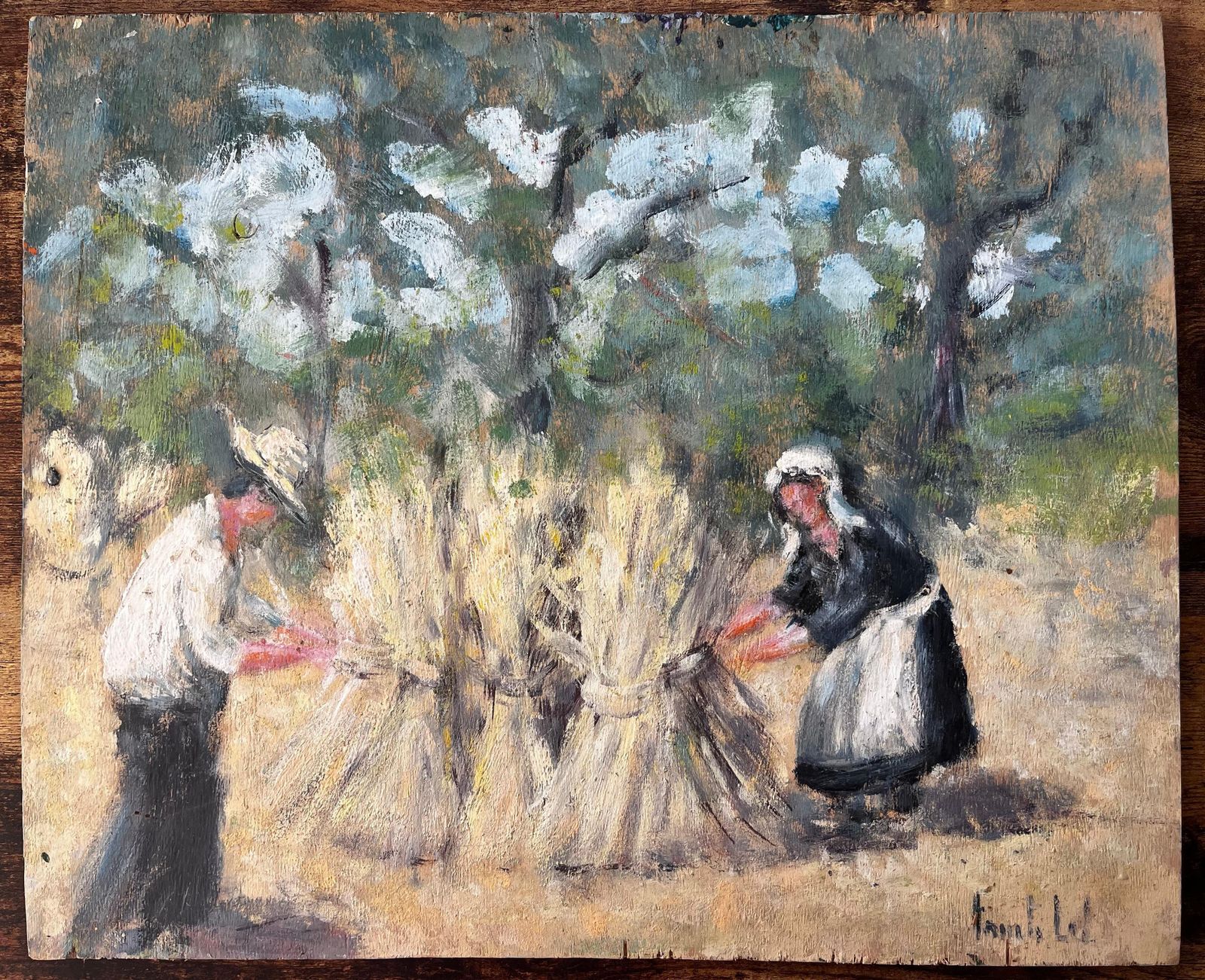 Fanch Lel French Rural Harvest Scene With Farm Workers Bundling Wheat In Forest Landscape photo furniture