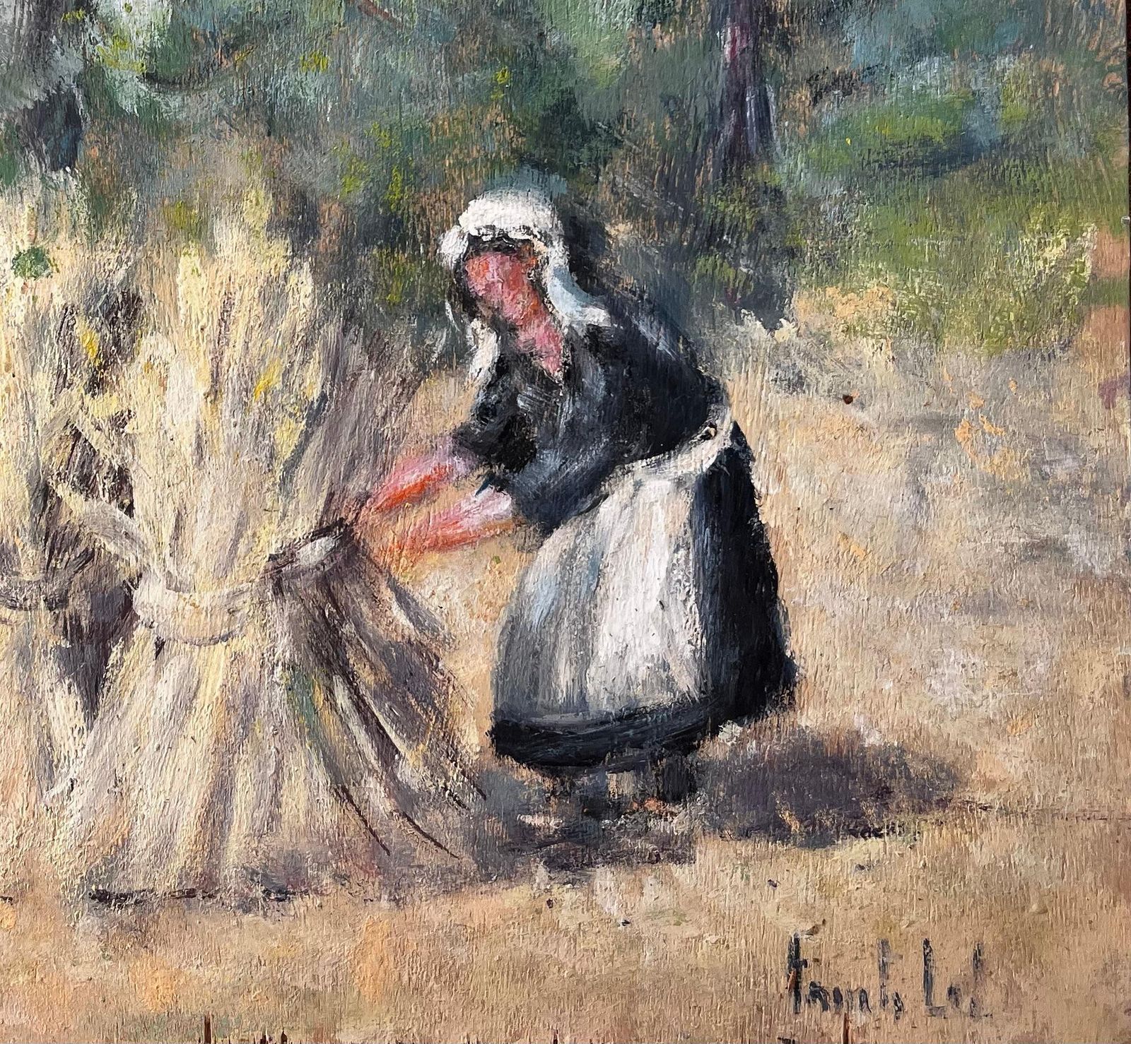 Fanch Lel French Rural Harvest Scene With Farm Workers Bundling Wheat In Forest Landscape photo for sale