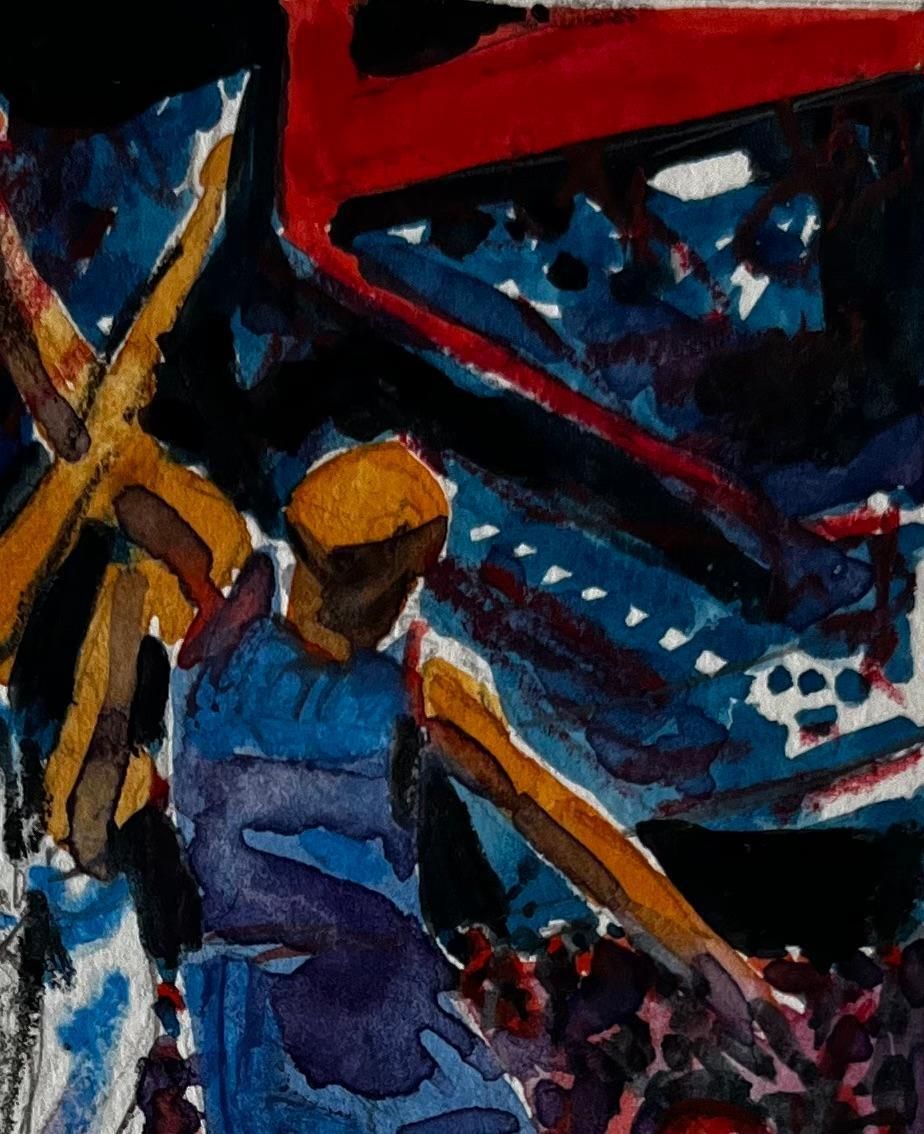 Pierre Neveu Basketball Players Under Stadium Lights Dynamic French Modernist Watercolor photo for sale