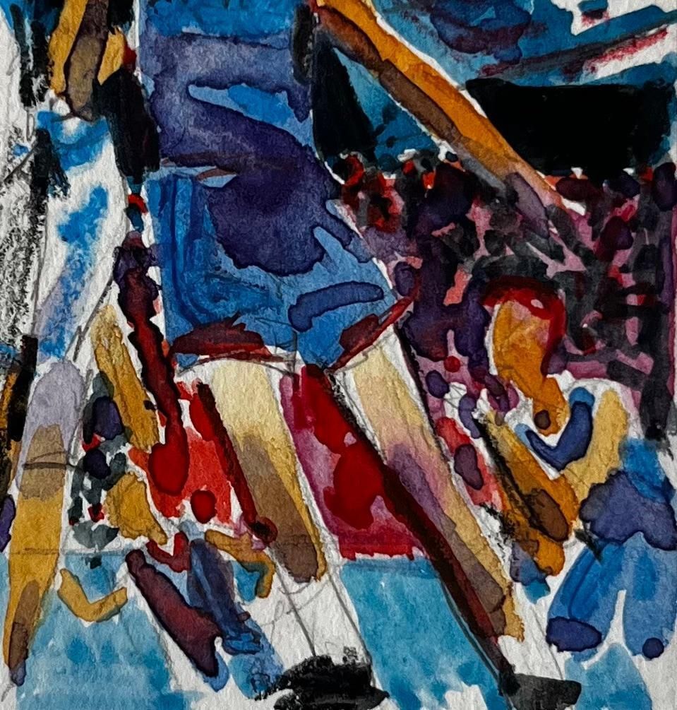 Pierre Neveu Basketball Players Under Stadium Lights Dynamic French Modernist Watercolor photo 295.0