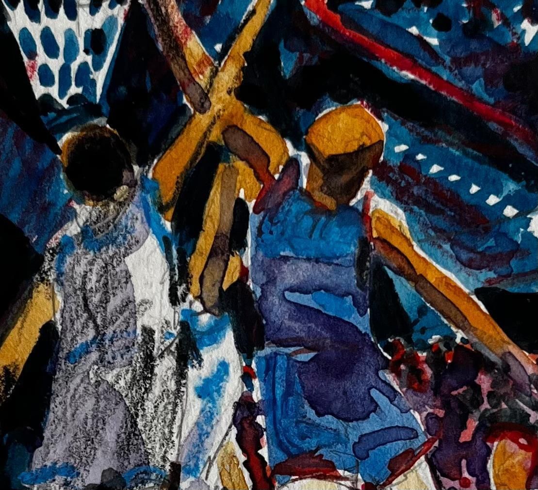 Pierre Neveu Basketball Players Under Stadium Lights Dynamic French Modernist Watercolor photo buy