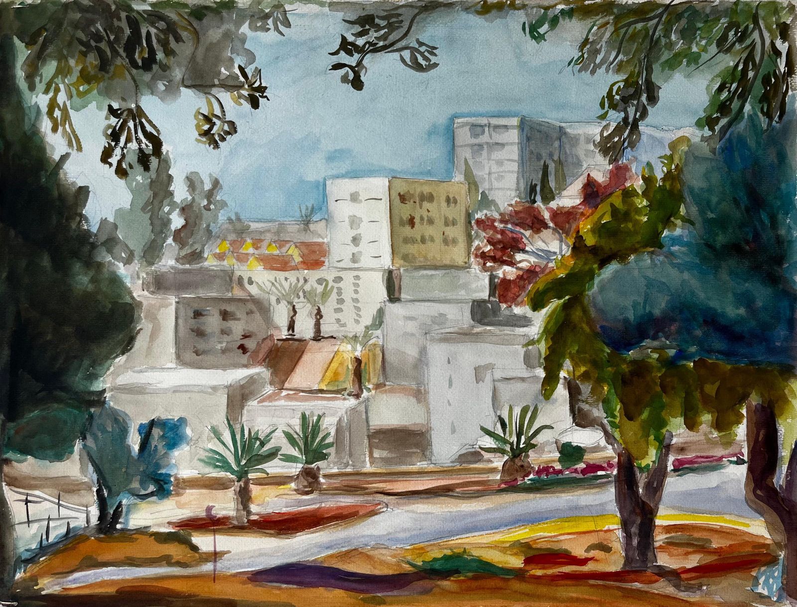 Guy Nicod Cityscape With Palm Trees And Modernist Architecture Gouache French Landscape
