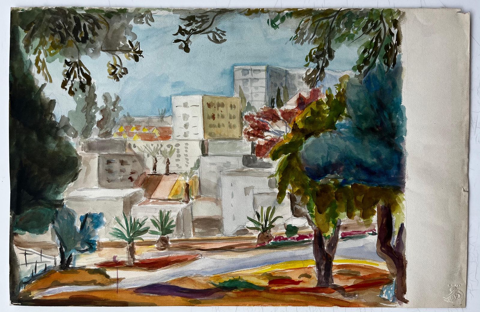 Guy Nicod Cityscape With Palm Trees And Modernist Architecture Gouache French Landscape photo furniture