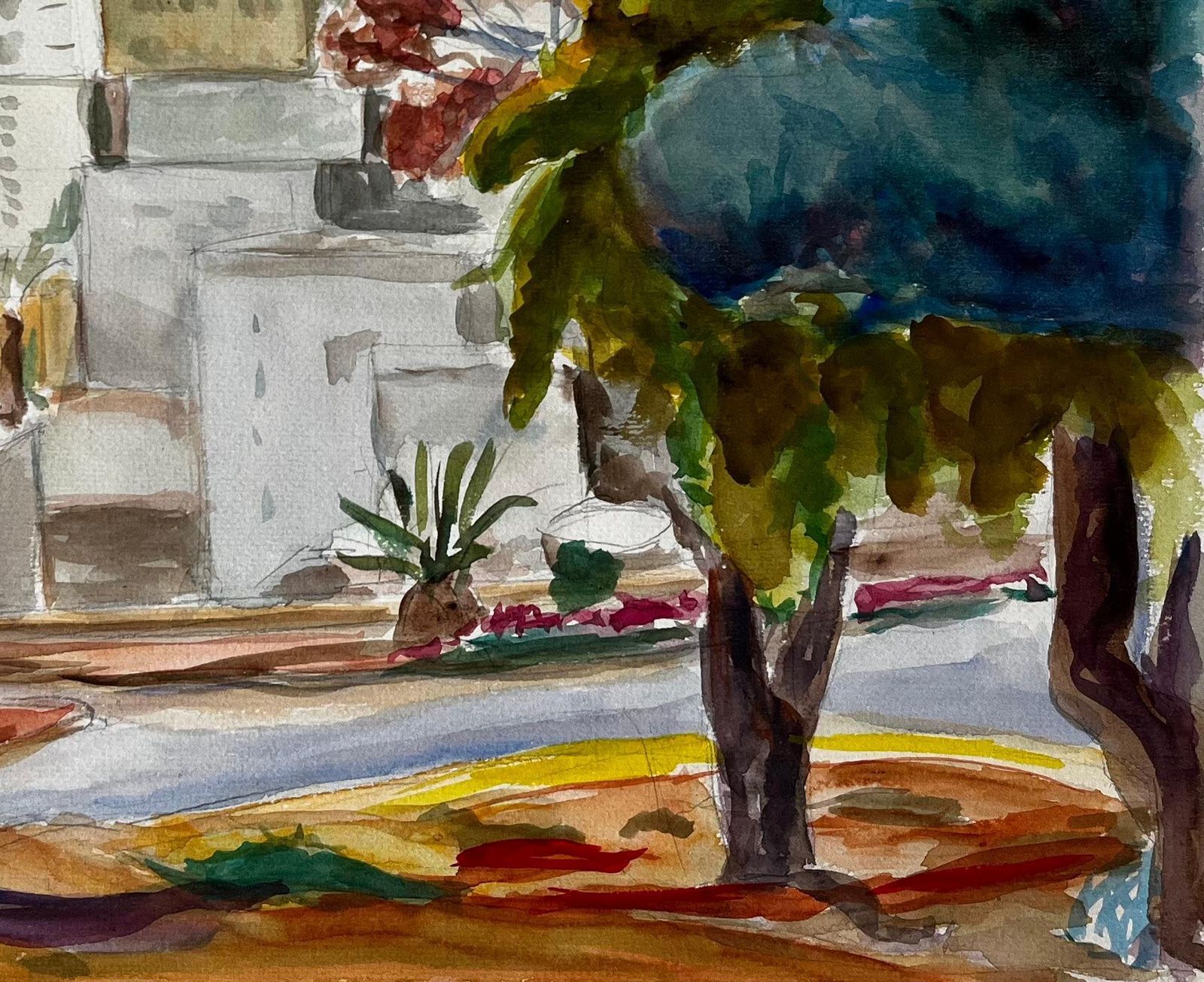 Guy Nicod Cityscape With Palm Trees And Modernist Architecture Gouache French Landscape photo for sale