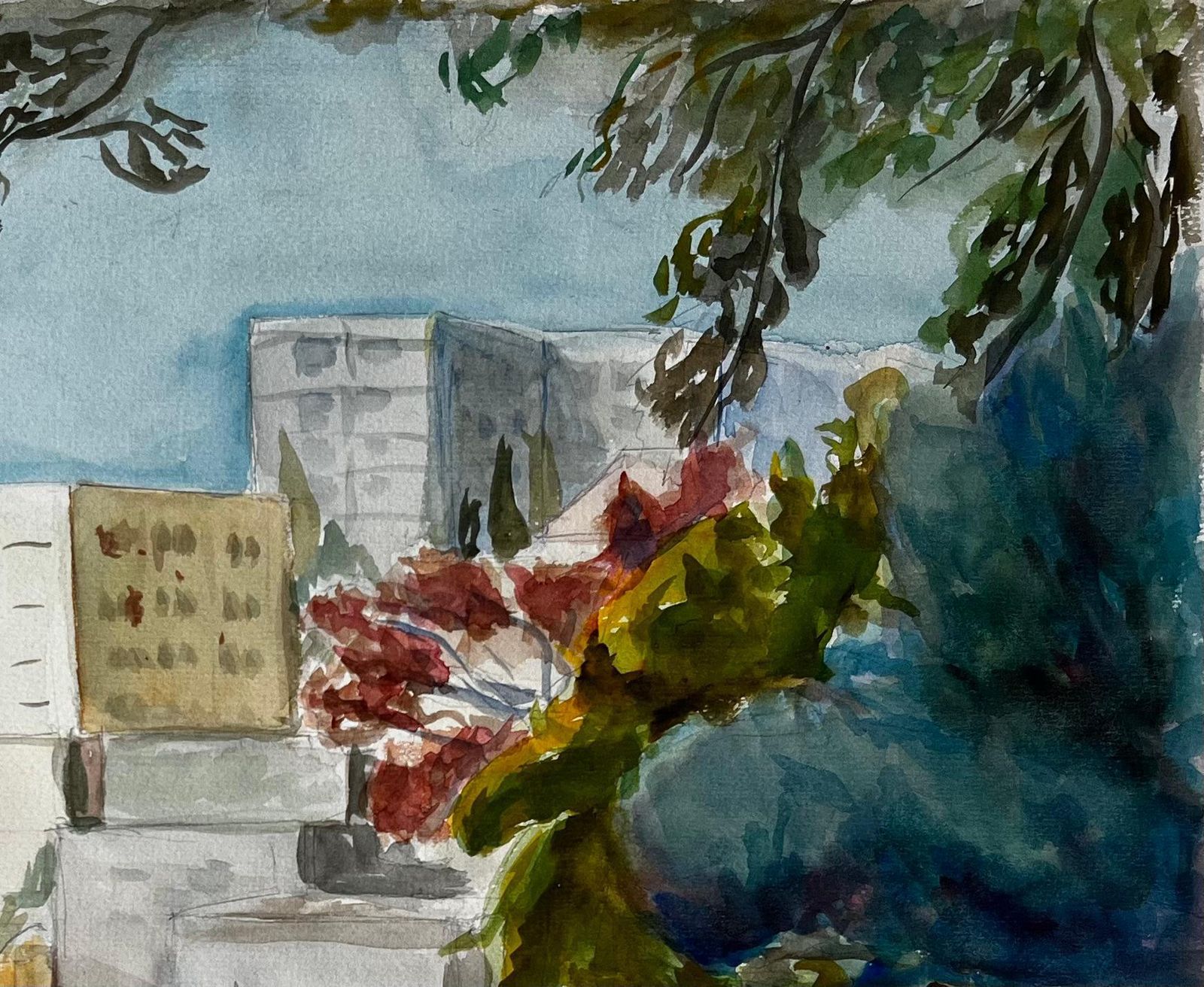 Guy Nicod Cityscape With Palm Trees And Modernist Architecture Gouache French Landscape photo Art
