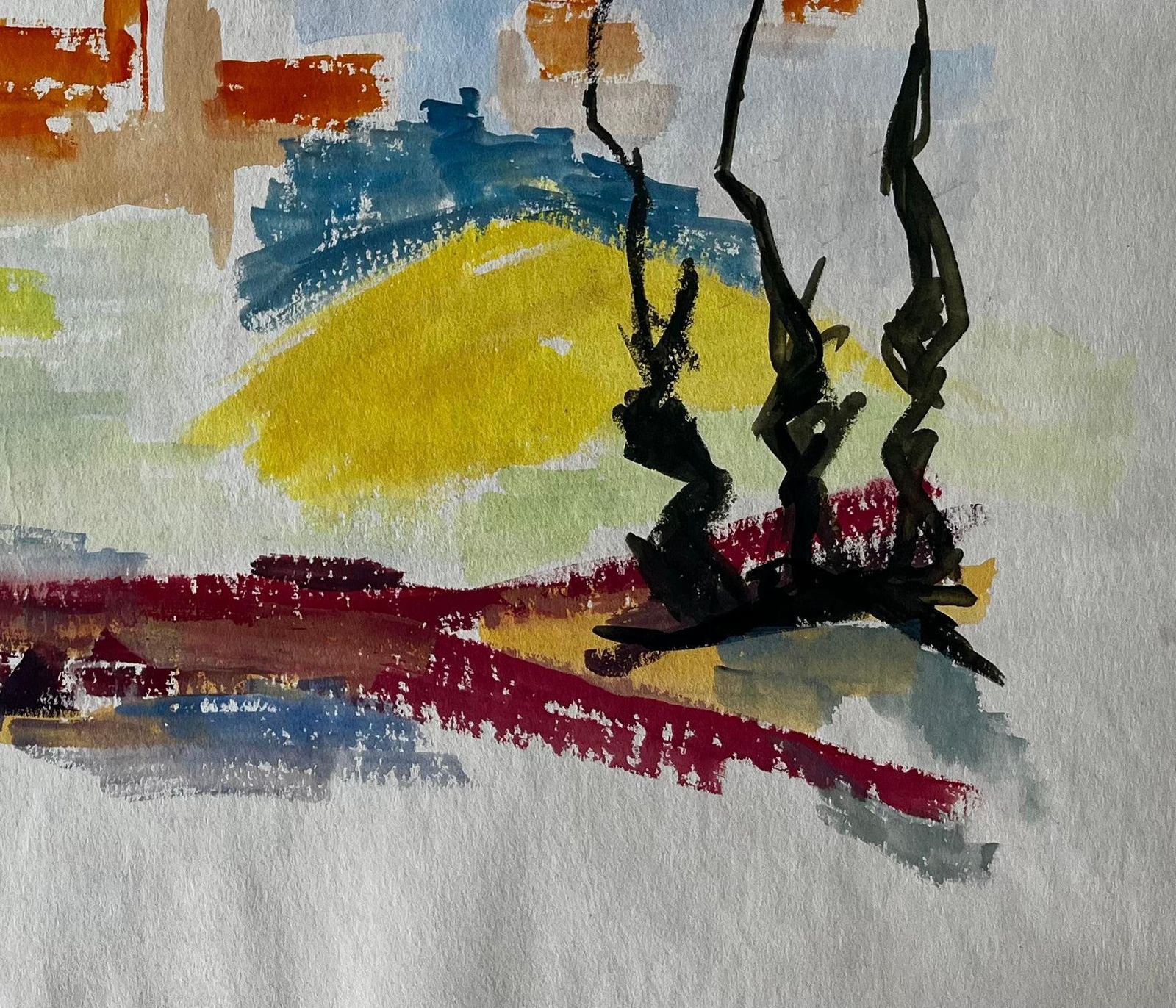 Guy Nicod Abstract Landscape With Red Form And Cypress French Modernist Gouache photo for sale