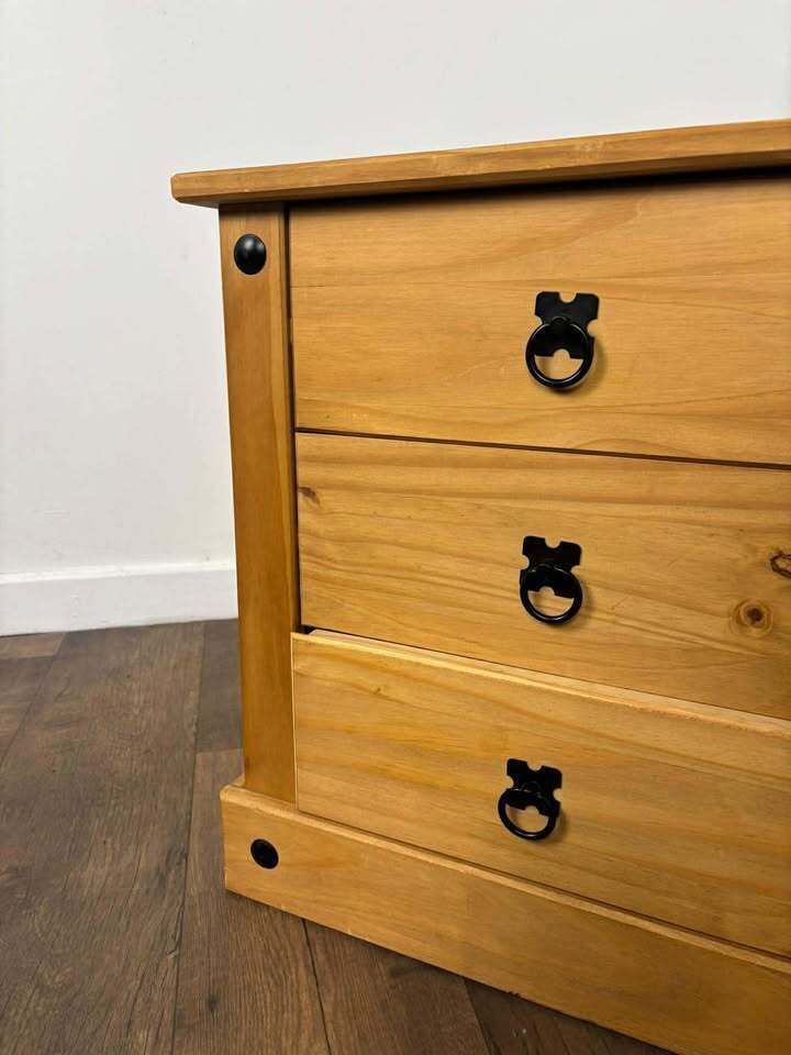 Mexican Pine Three Drawer Bedside Chest photo for sale