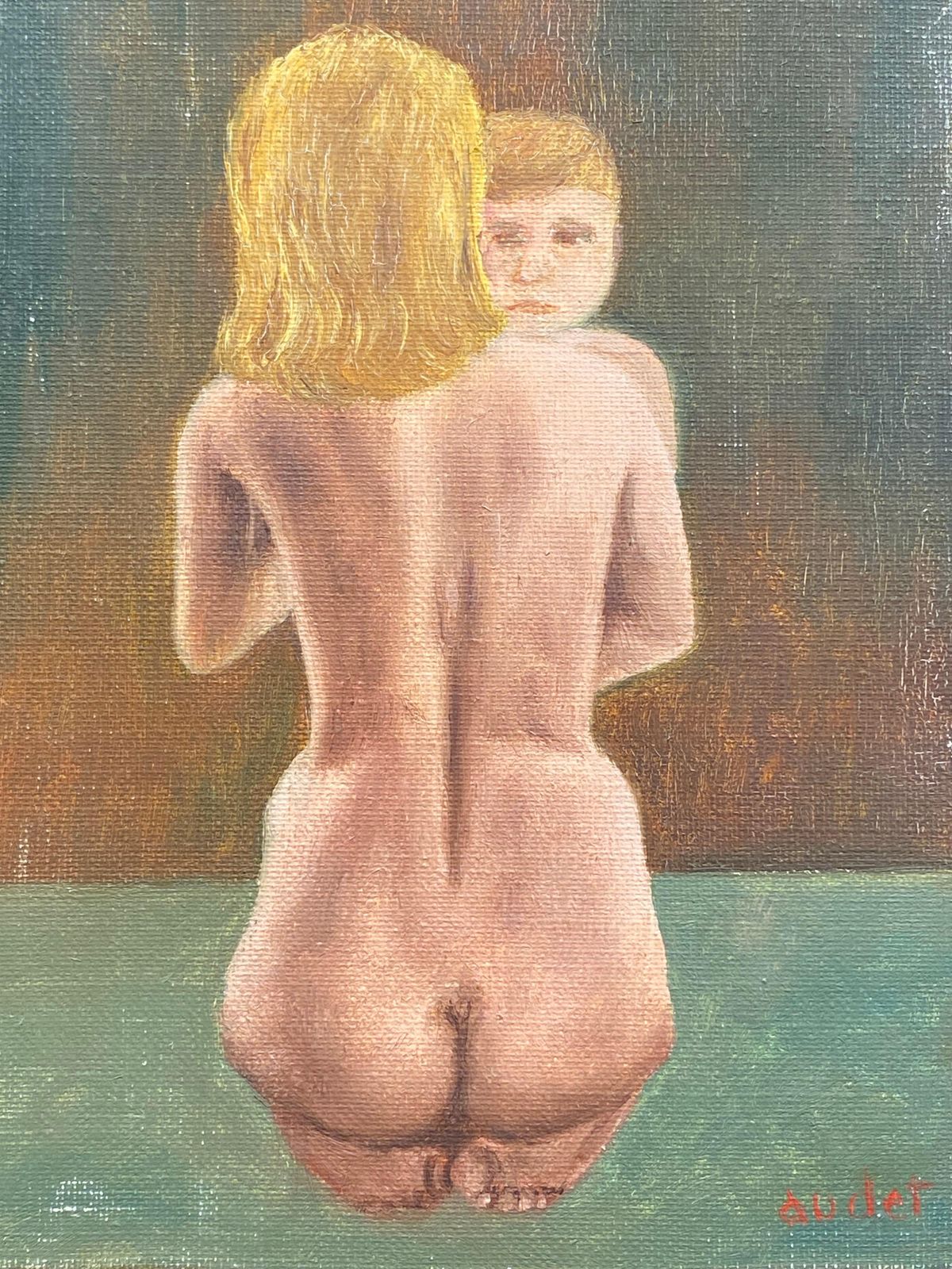 Unknown Fernand Audet '1923 2016' Signed French Impressionist Oil, Nude Lady And Child Circa 1960s photo furniture