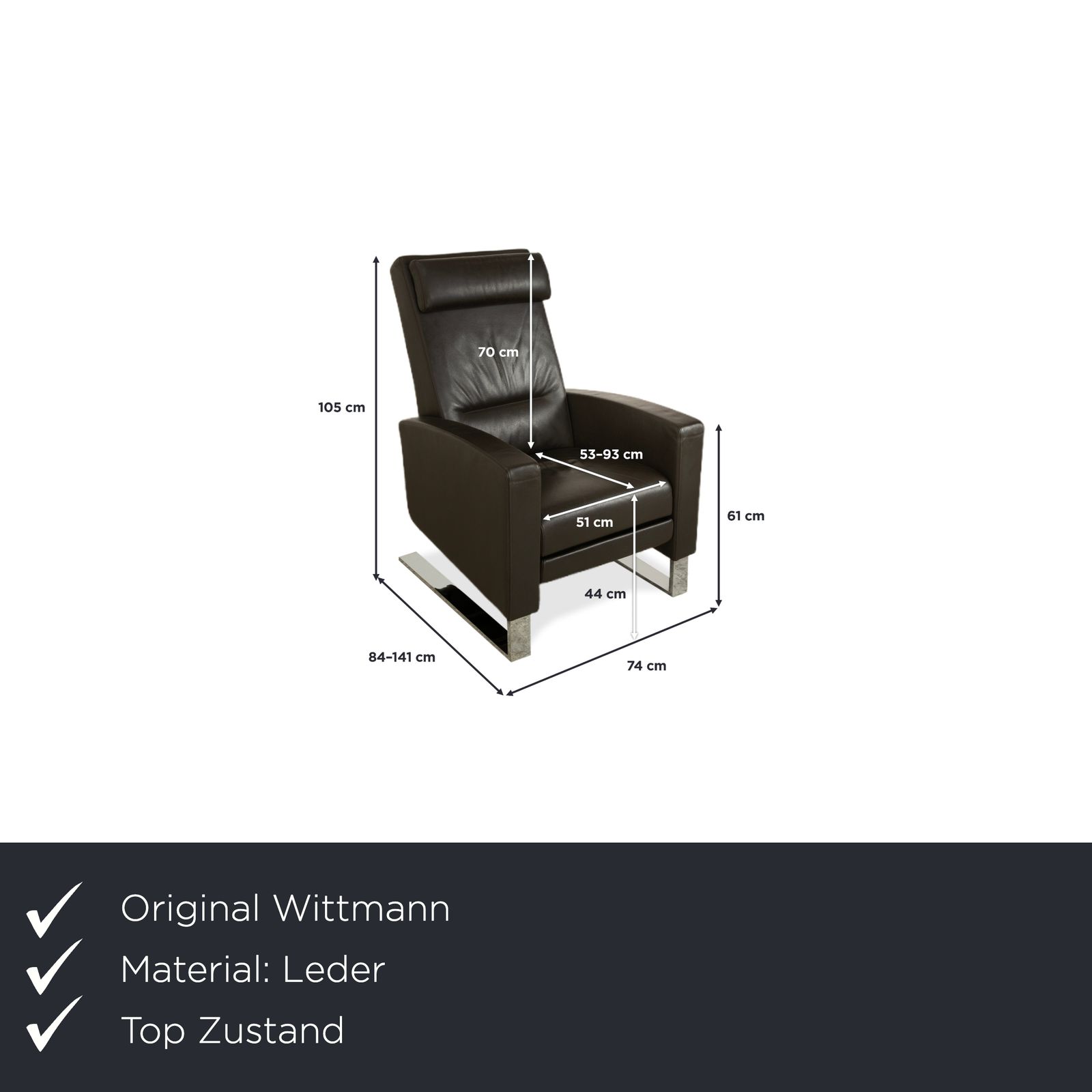 Fauteuil relax Wittmann Lindberg en cuir, marron, 15864 Toro Espresso, fonction manuelle photo furniture