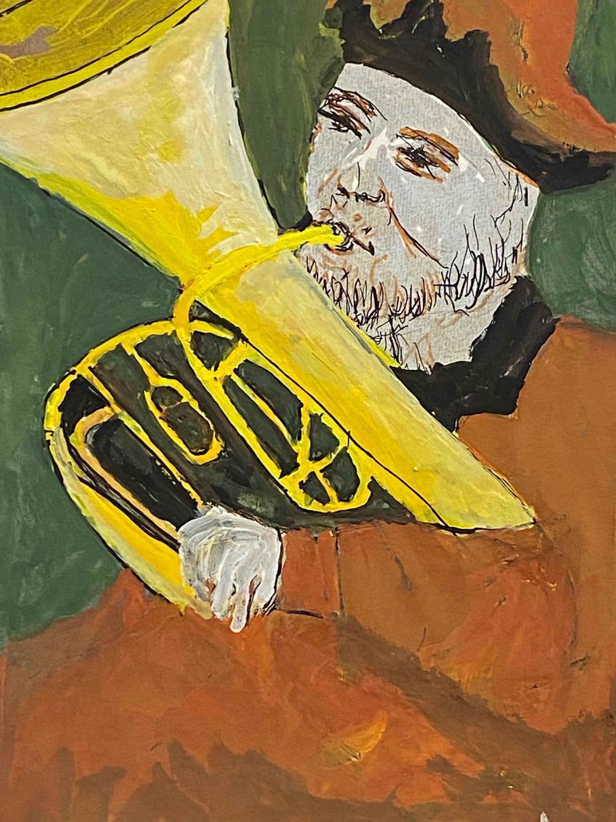 Unknown 1950's French Modernist/ Cubist Painting, Man Playing Tuba 1950s photo Art