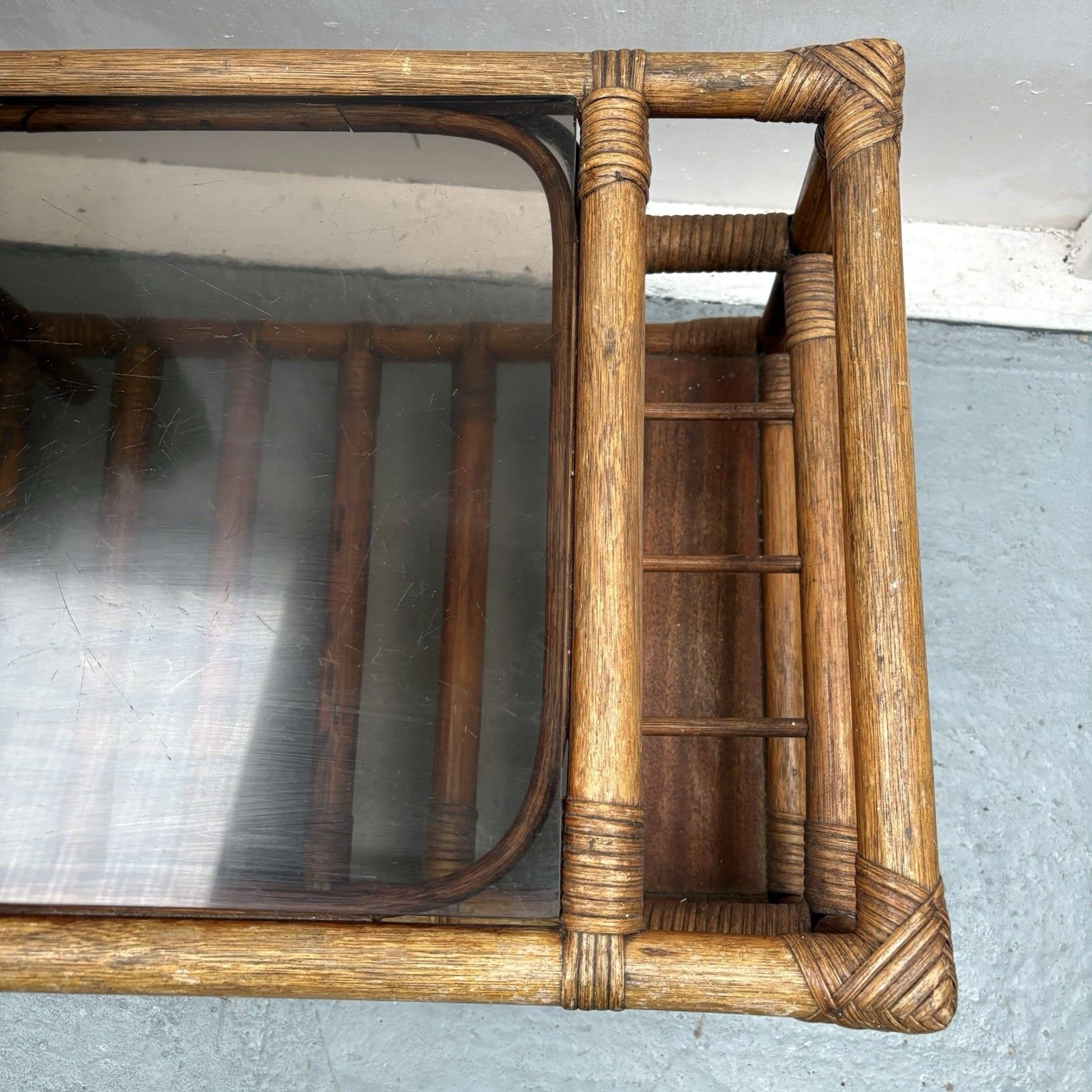 1970s French Boho Bamboo Drinks Side Table With Smoked Glass Magazine Rack photo for sale
