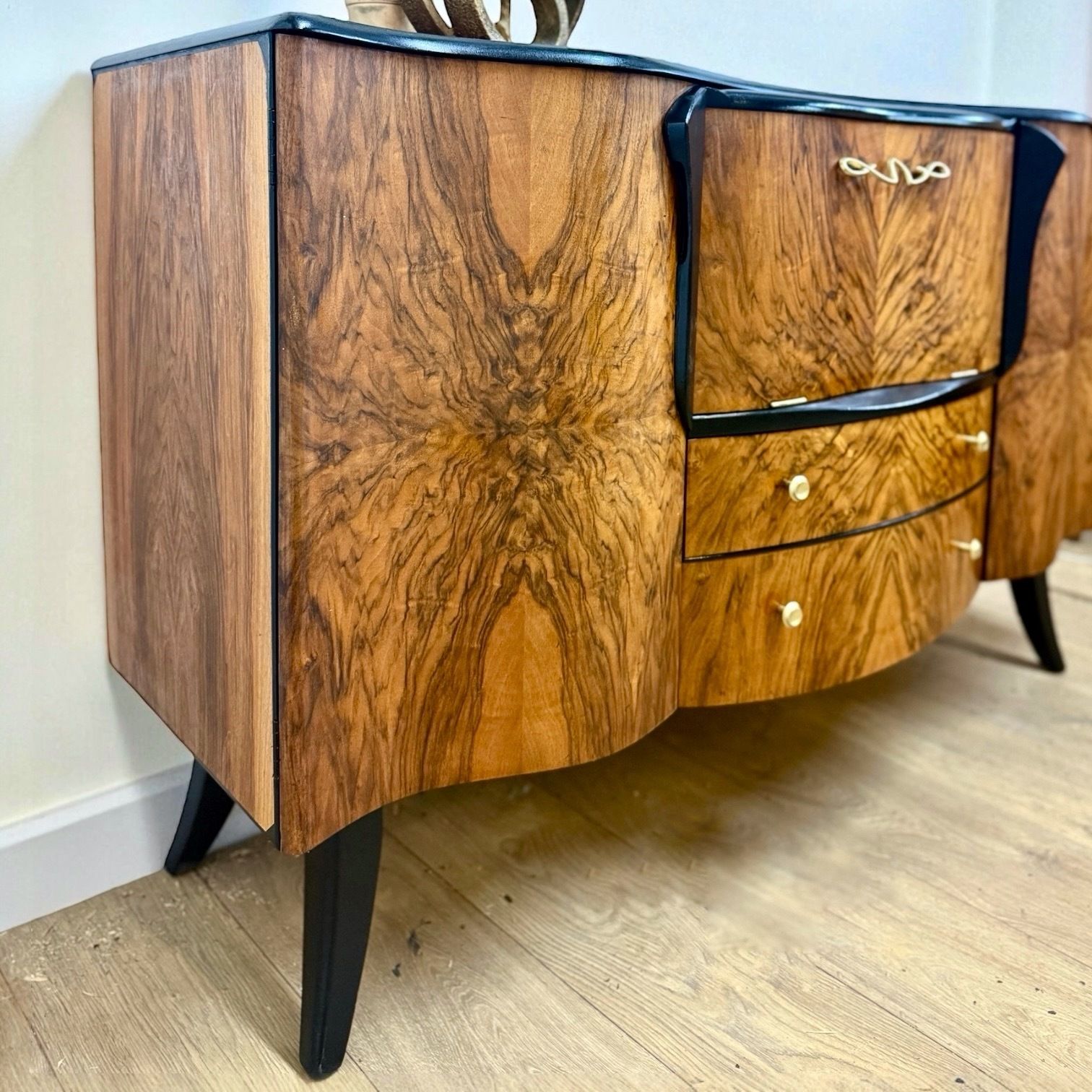 Refinished Walnut Art Deco Stonehill Cocktail Cabinet In Black, Hand Painted, Drinks, Gin Bar, Burr Walnut photo for sale
