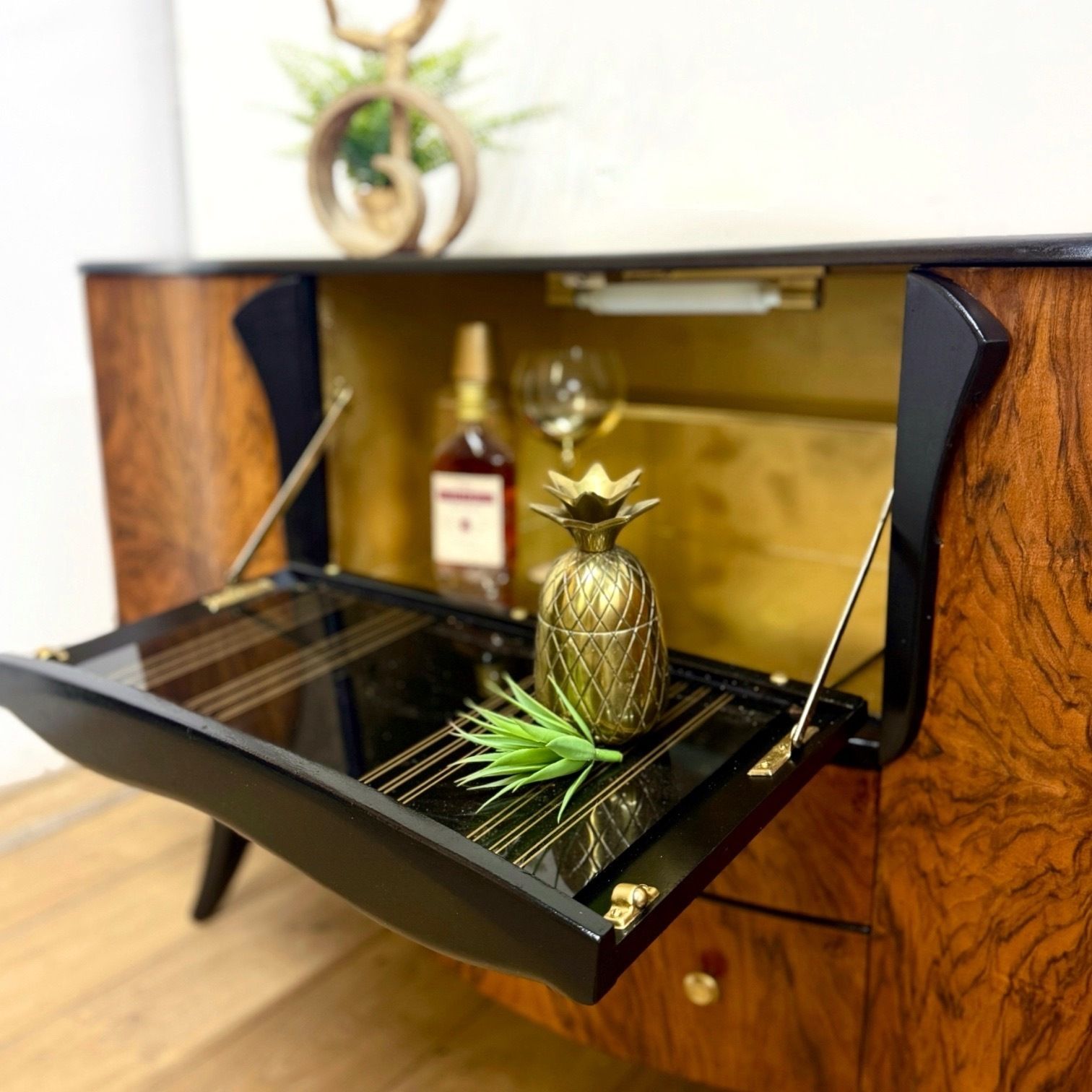 Refinished Walnut Art Deco Stonehill Cocktail Cabinet In Black, Hand Painted, Drinks, Gin Bar, Burr Walnut photo Furniture