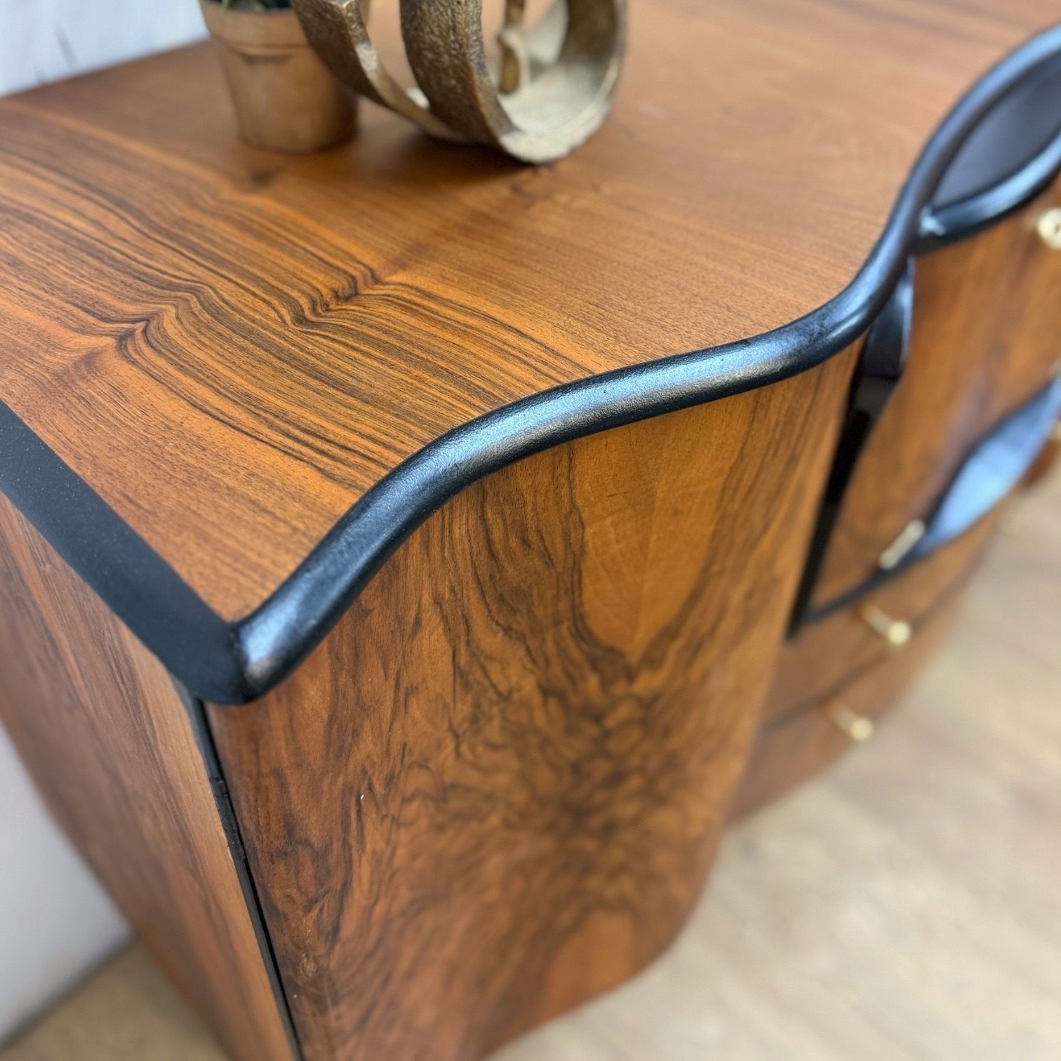 photo for sale Refinished Walnut Art Deco Stonehill Cocktail Cabinet In Black, Hand Painted, Drinks, Gin Bar, Burr Walnut