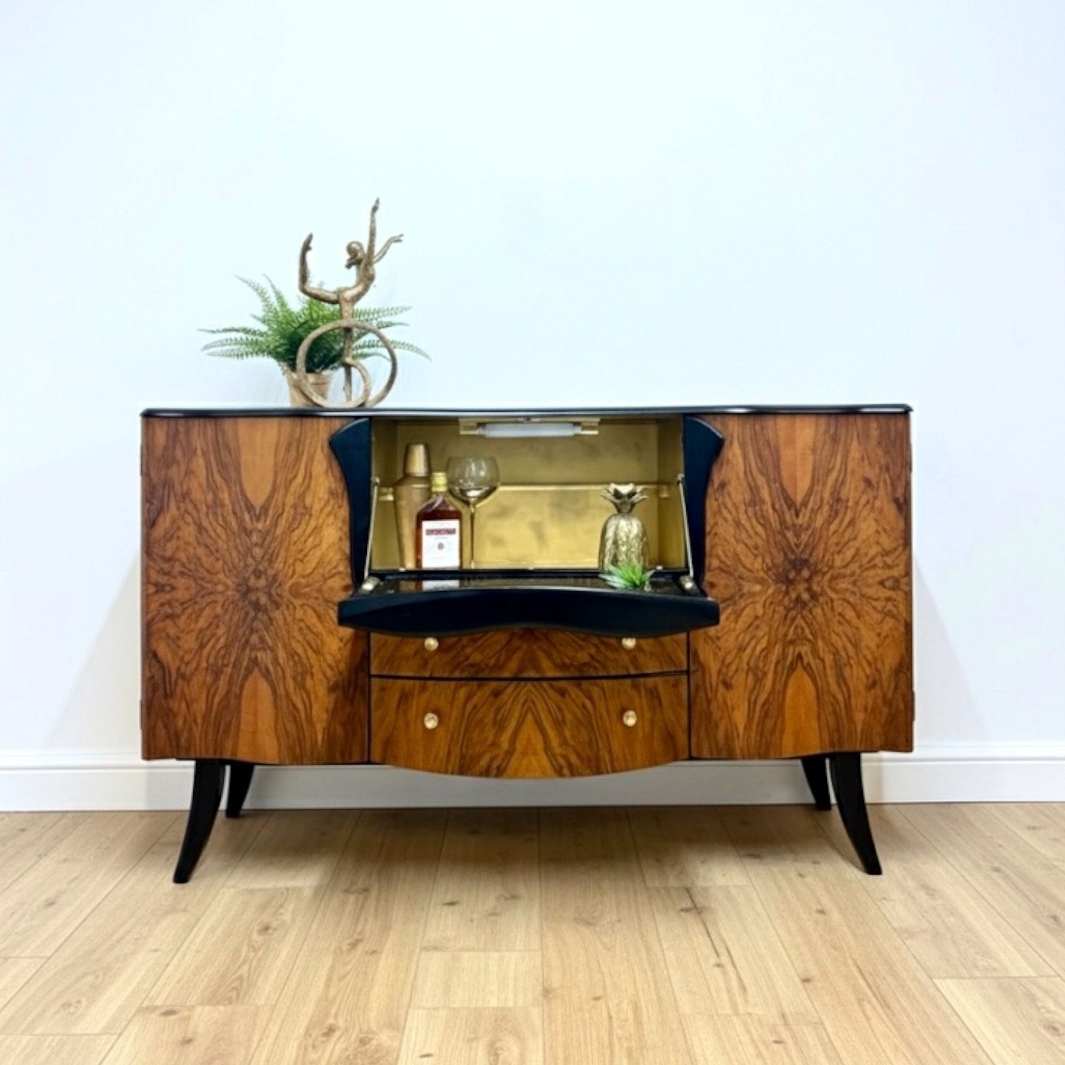 photo furniture Refinished Walnut Art Deco Stonehill Cocktail Cabinet In Black, Hand Painted, Drinks, Gin Bar, Burr Walnut