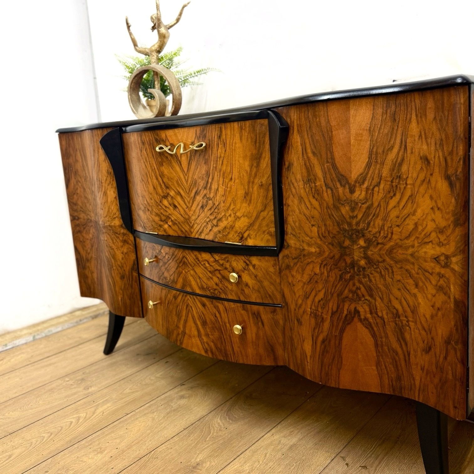 Furniture Refinished Walnut Art Deco Stonehill Cocktail Cabinet In Black, Hand Painted, Drinks, Gin Bar, Burr Walnut photo