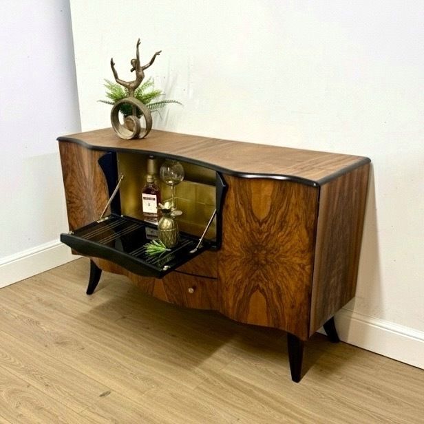 1645.0 Refinished Walnut Art Deco Stonehill Cocktail Cabinet In Black, Hand Painted, Drinks, Gin Bar, Burr Walnut photo