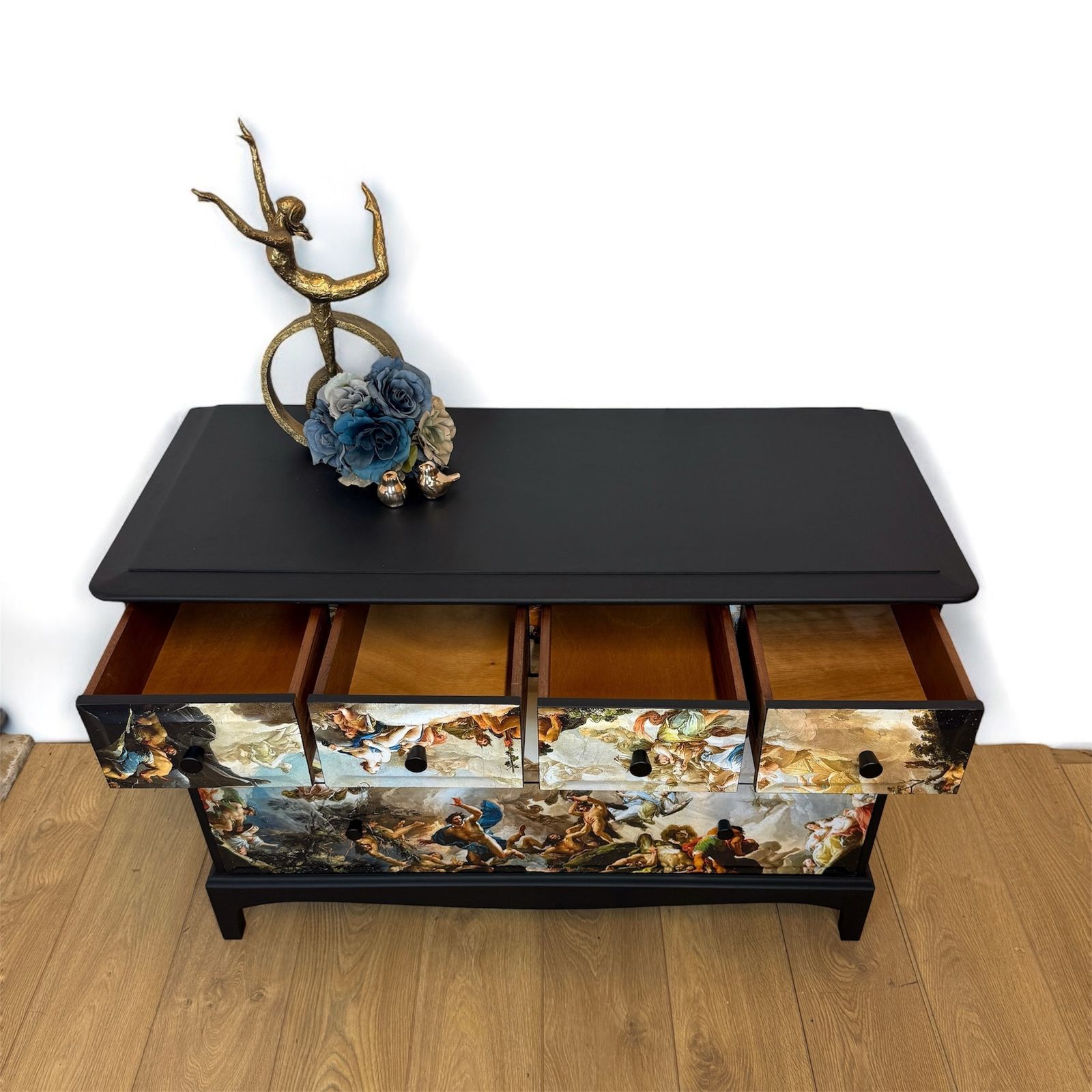 Stag Minstrel Chest Of Drawers Black With Renaissance Inspired Mural, Baroque Sideboard, Tv Stand, Sistine Chapel, Michelangelo photo furniture