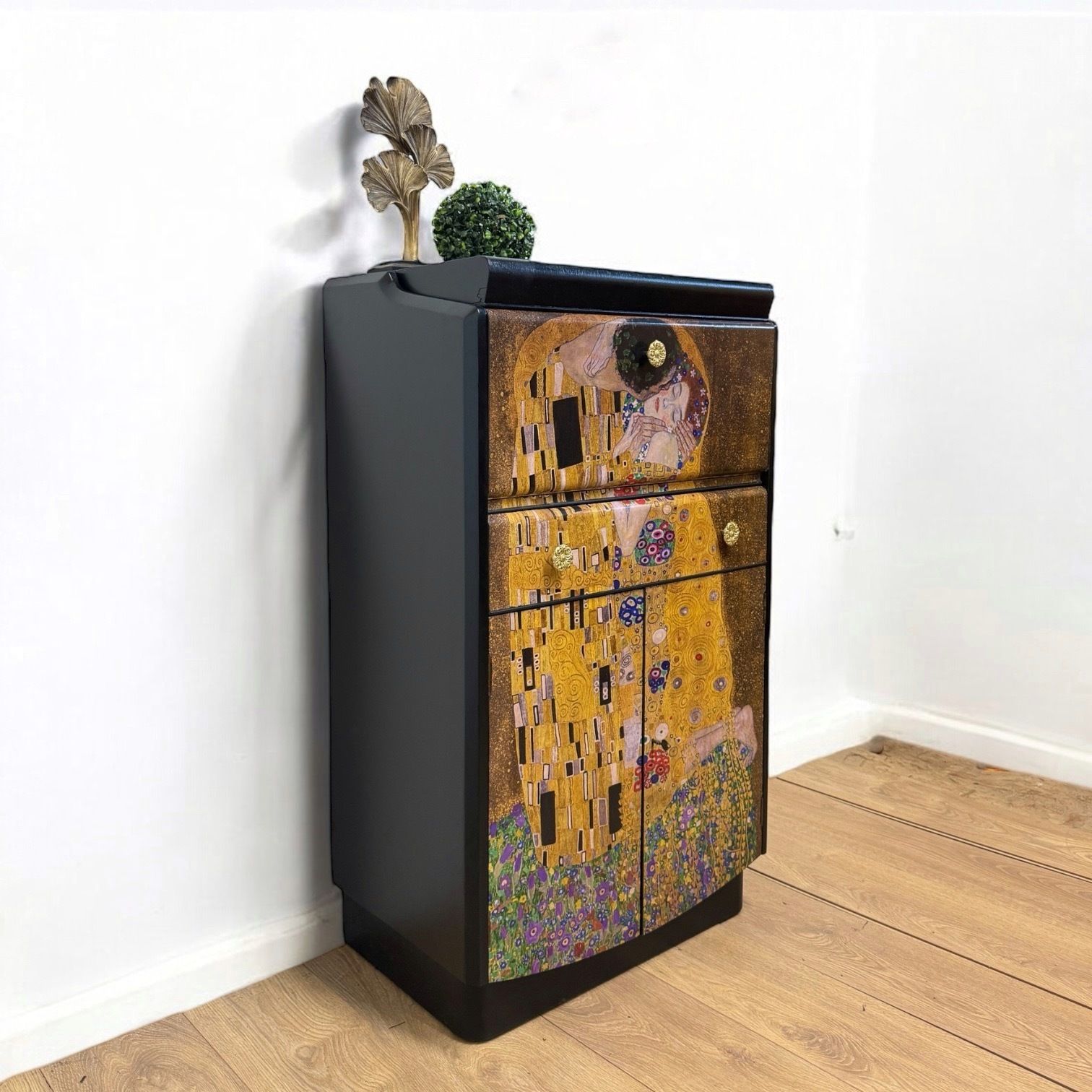 photo for sale Black Art Deco Nathan Cocktail Cabinet With Gustav Klimt The Kiss Mural, Black, Drinks, Dresser