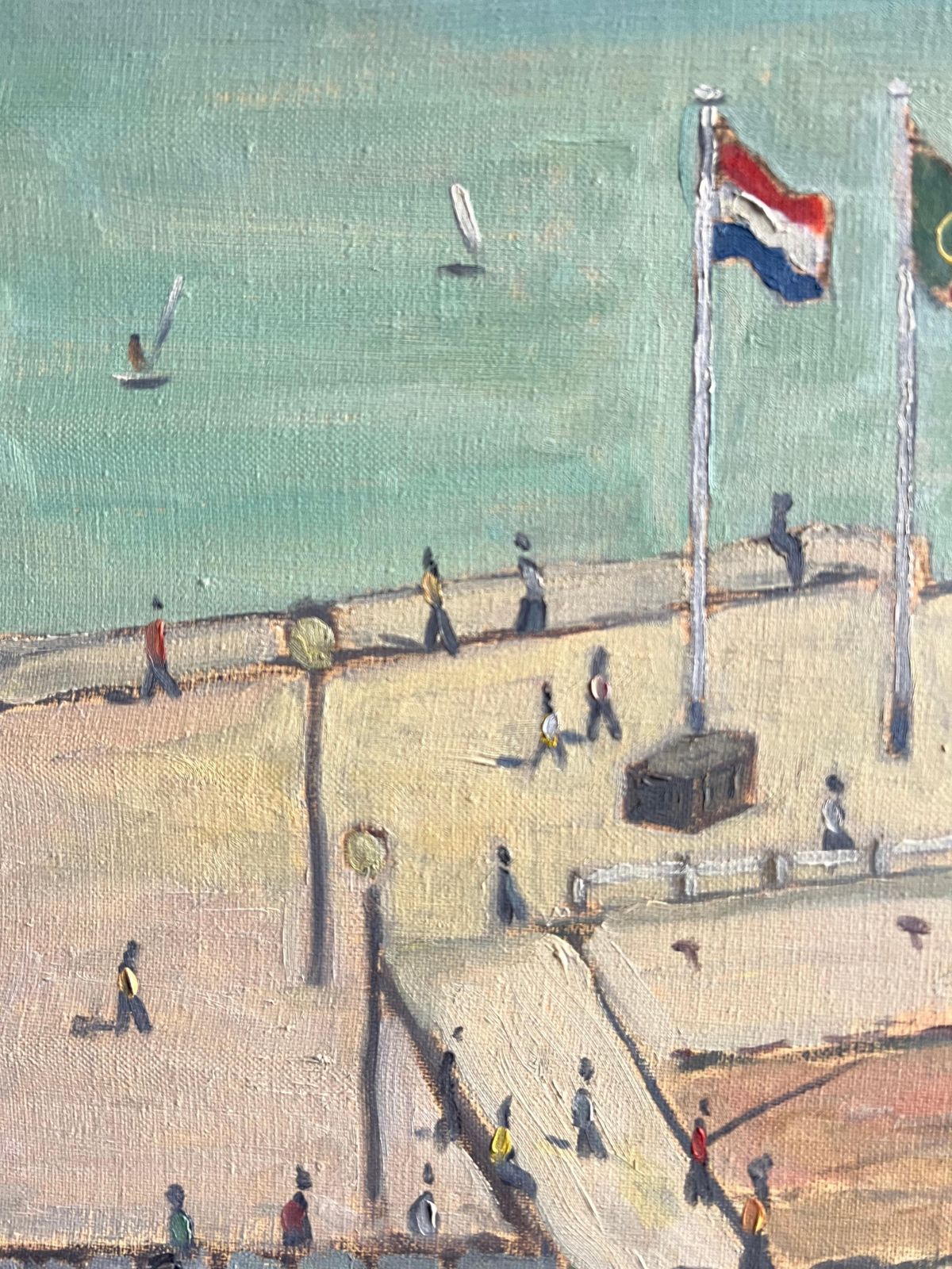 Guy Pichon French Coastal Seaside Scene With Figures Flags And Bathing Huts Landscape 2002 photo furniture