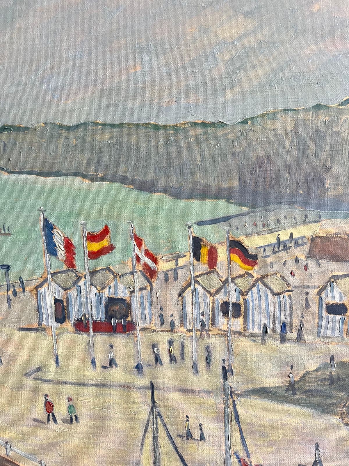 Guy Pichon French Coastal Seaside Scene With Figures Flags And Bathing Huts Landscape 2002 photo Art