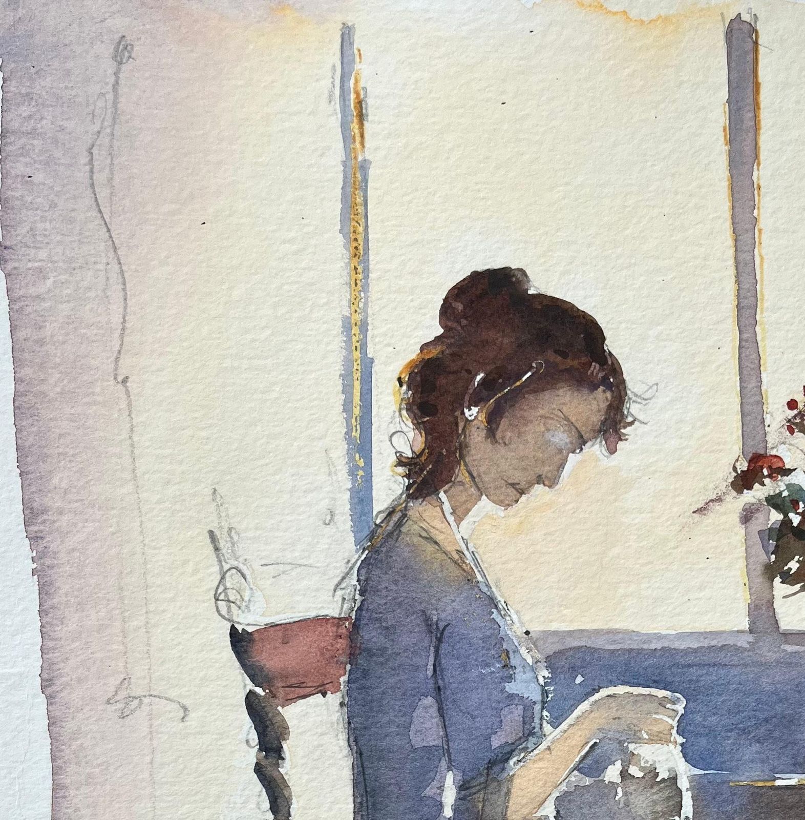 Anthony Avery British Watercolor Of A Woman Sewing By A Sunlit Window photo vinterior
