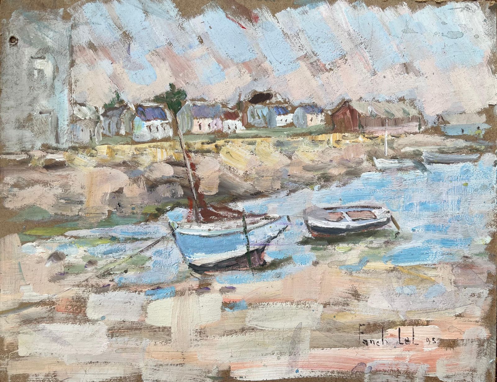 Fanch Lel French Impressionist Oil Painting Of Quaint Harbor Scene With Boats At Low Tide 1995