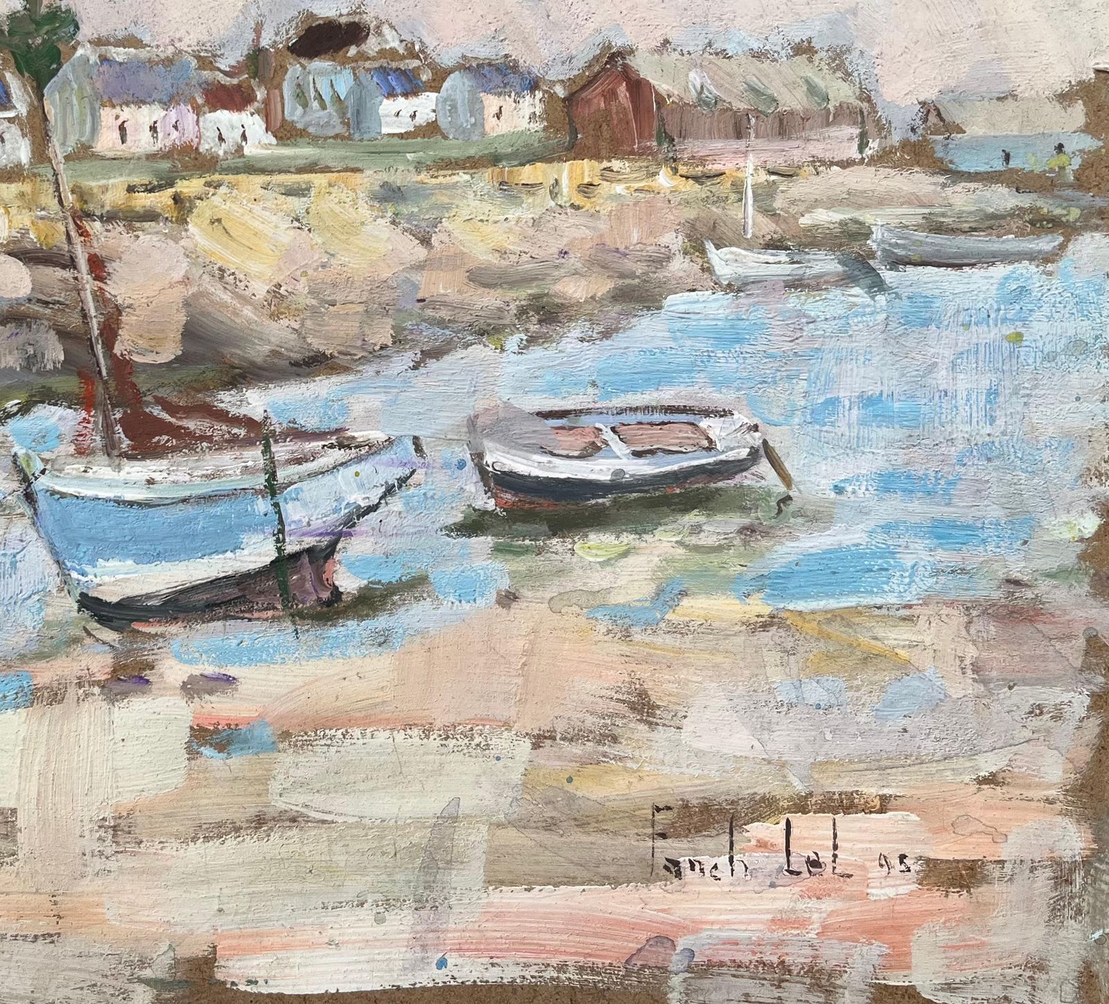 Fanch Lel French Impressionist Oil Painting Of Quaint Harbor Scene With Boats At Low Tide 1995 photo for sale
