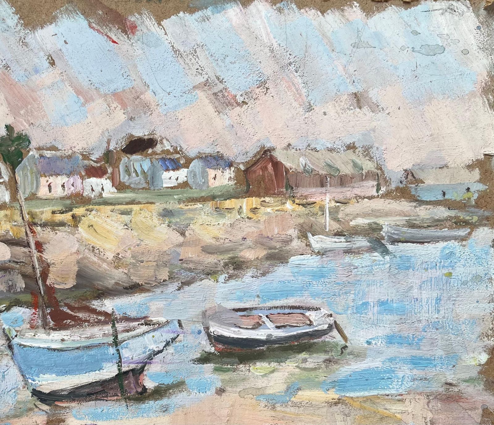 Fanch Lel French Impressionist Oil Painting Of Quaint Harbor Scene With Boats At Low Tide 1995 photo Art