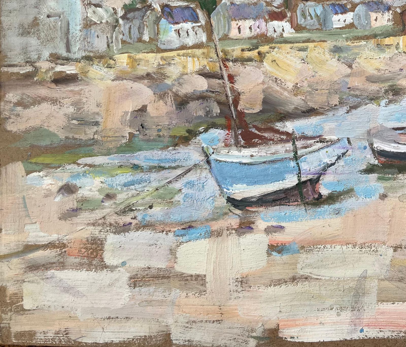Fanch Lel French Impressionist Oil Painting Of Quaint Harbor Scene With Boats At Low Tide 1995 photo vinterior