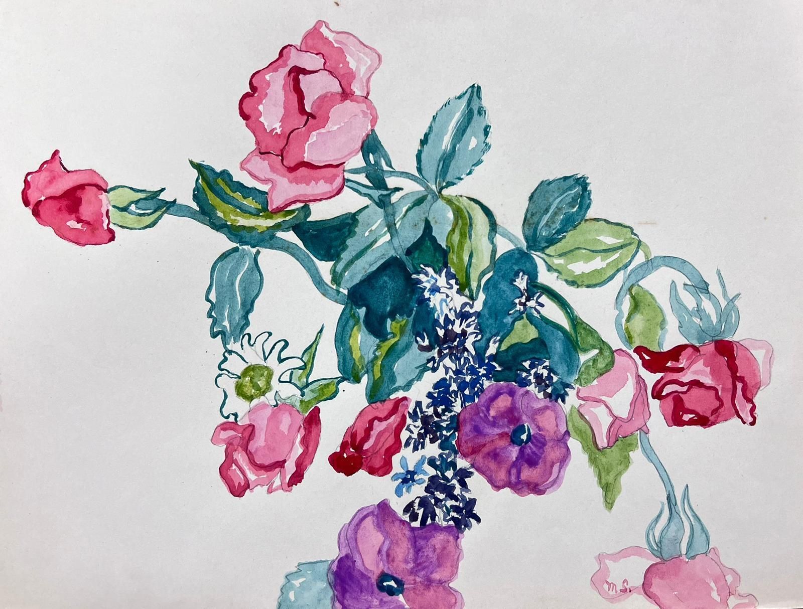 Marjorie Schiele (1913 2008) Vibrant Watercolor Floral Composition With Roses And Wildflowers
