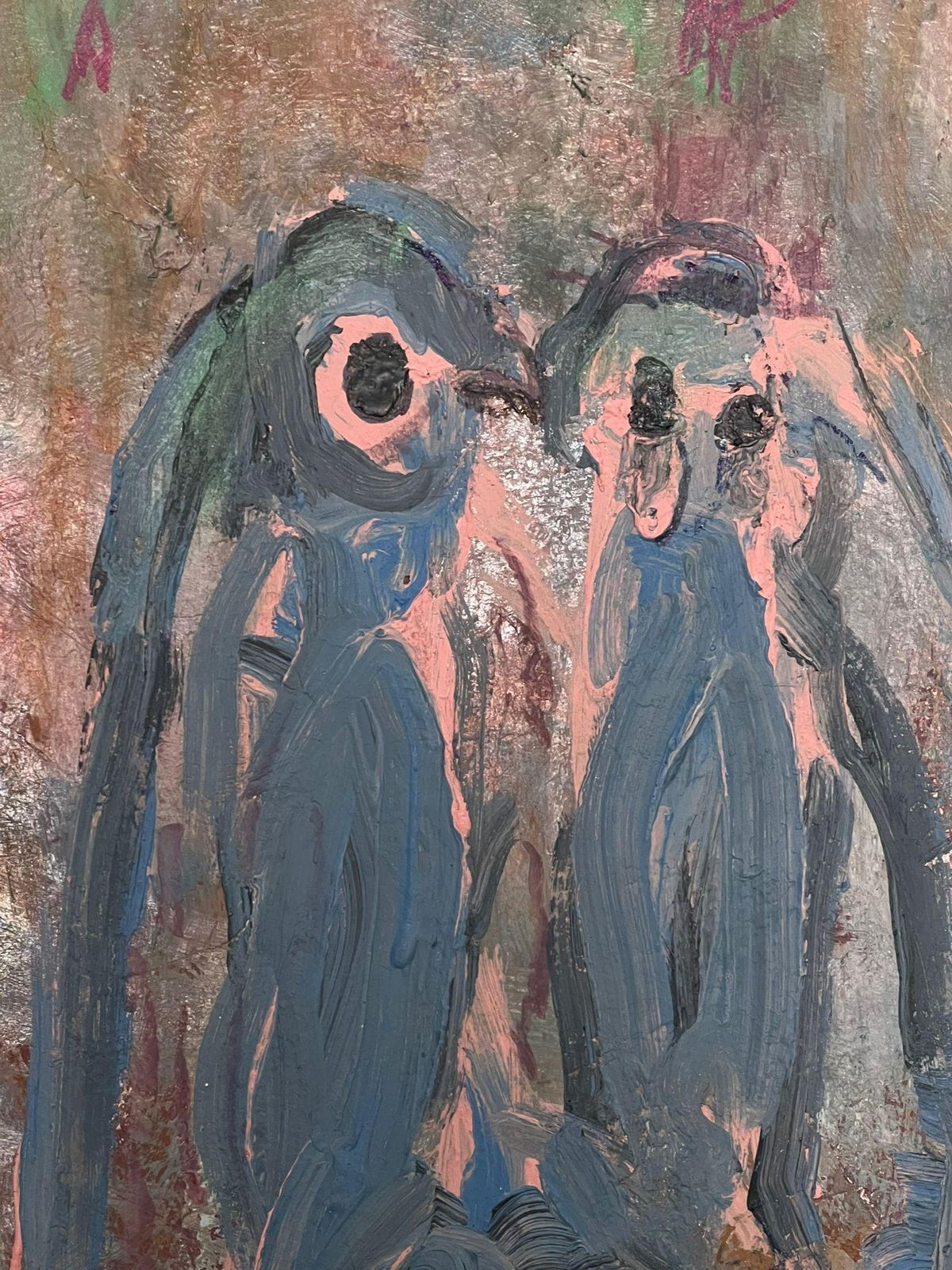 Armand Rottenberg Abstract Expressionist Painting Of Two Penguins Whimsical Companions Oil photo for sale