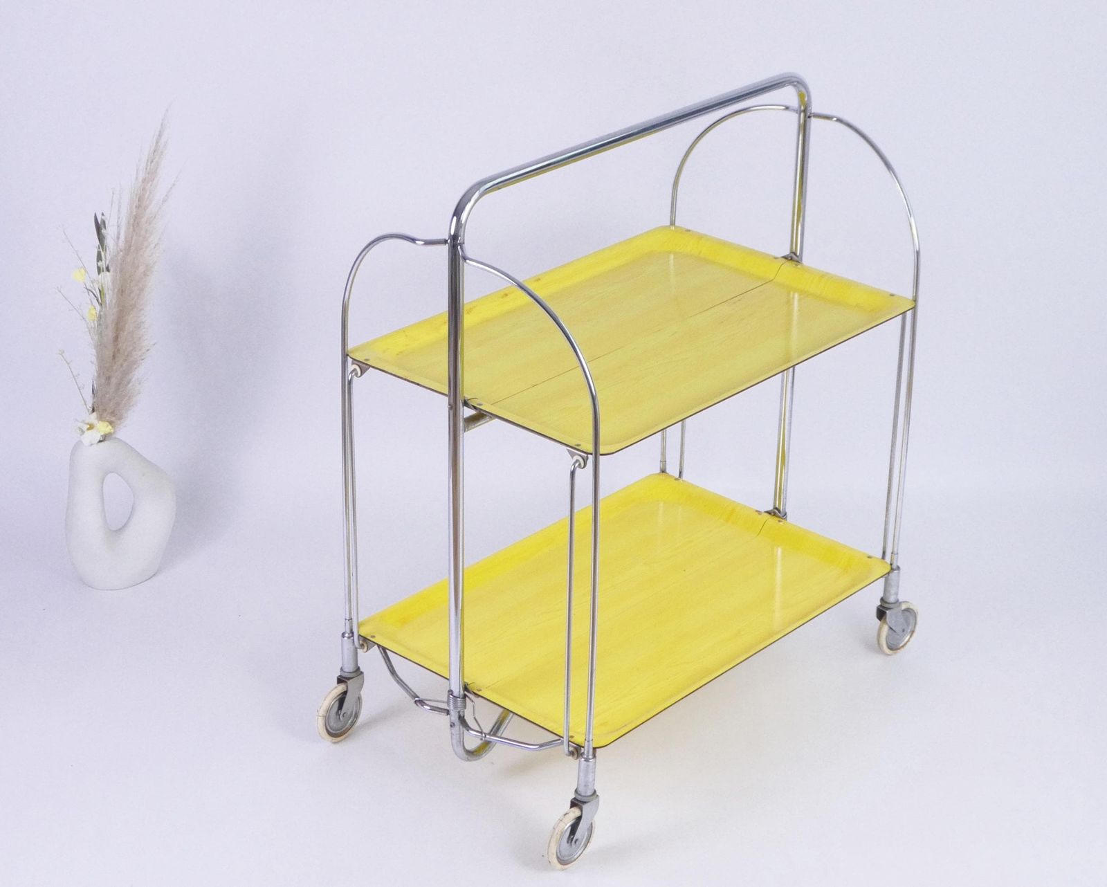 Mid Century Yellow Foldable Bar Cart, Rare 60’s Dinett Serving Trolley With Chrome Metal Design, Tea Cart Entertainment Trolley