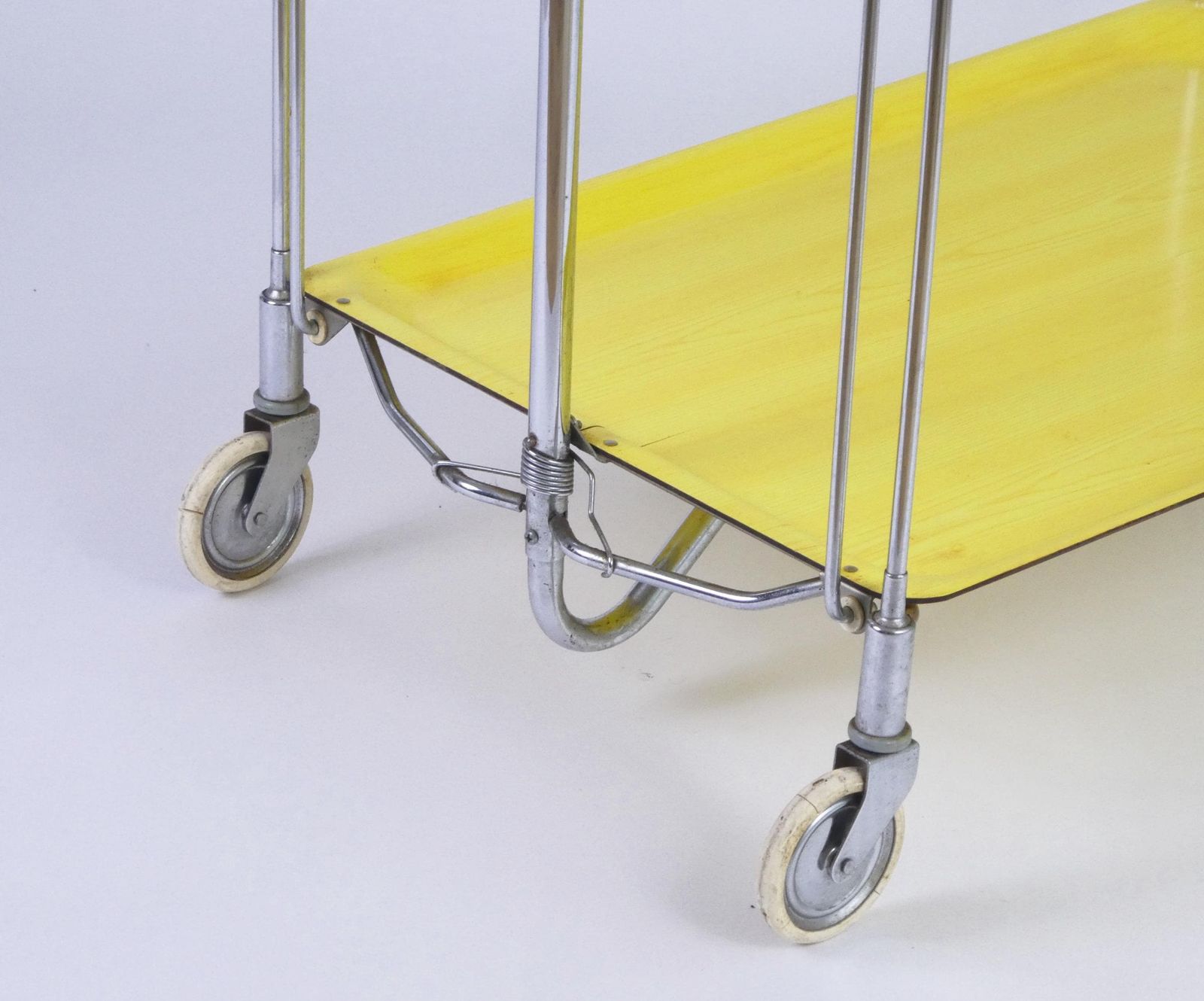 Mid Century Yellow Foldable Bar Cart, Rare 60’s Dinett Serving Trolley With Chrome Metal Design, Tea Cart Entertainment Trolley photo for sale