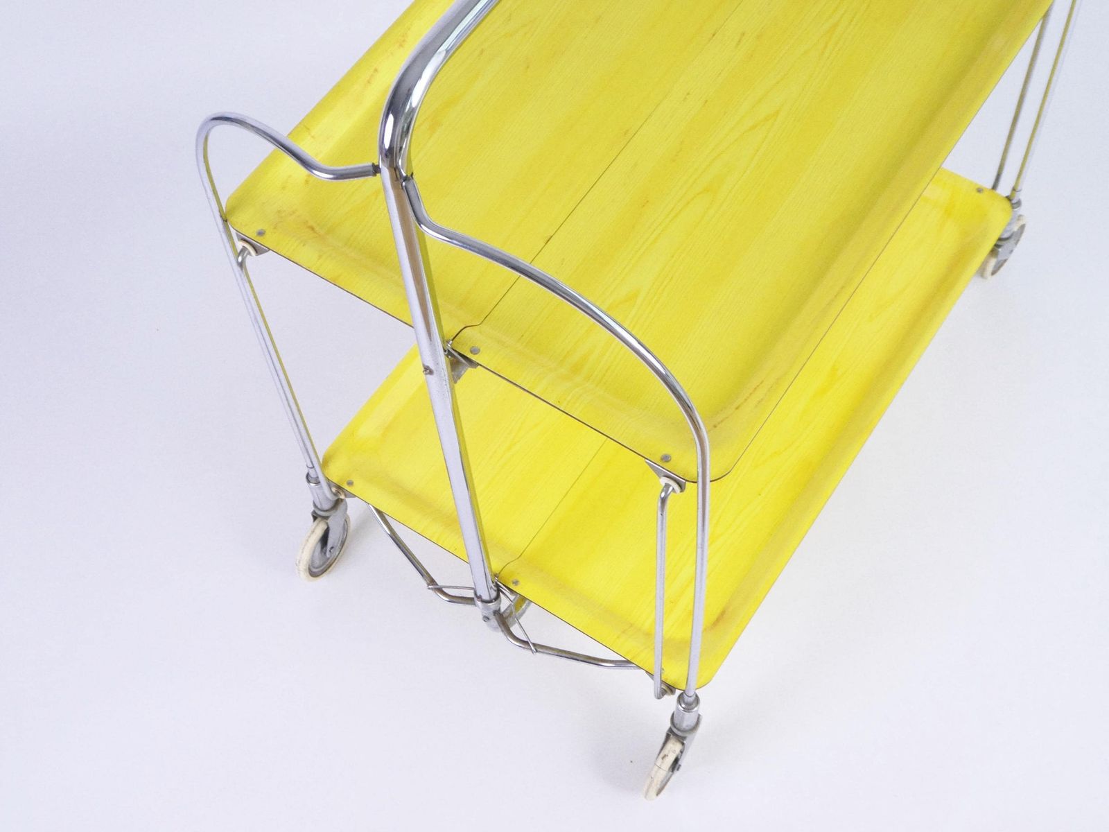 Mid Century Yellow Foldable Bar Cart, Rare 60’s Dinett Serving Trolley With Chrome Metal Design, Tea Cart Entertainment Trolley photo Furniture