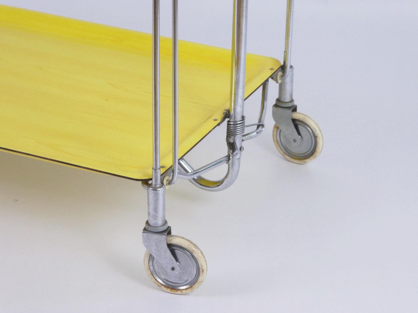 Mid Century Yellow Foldable Bar Cart, Rare 60’s Dinett Serving Trolley With Chrome Metal Design, Tea Cart Entertainment Trolley photo vinterior