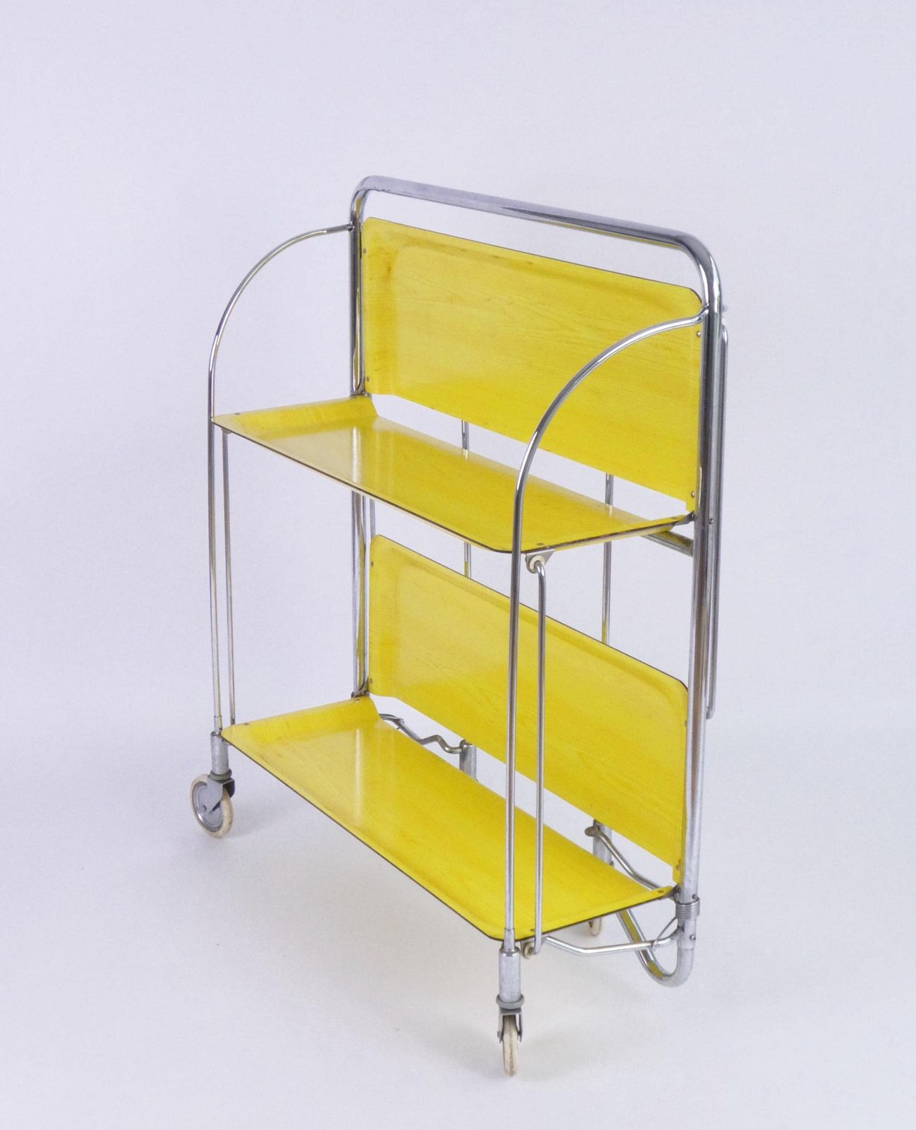 Mid Century Yellow Foldable Bar Cart, Rare 60’s Dinett Serving Trolley With Chrome Metal Design, Tea Cart Entertainment Trolley photo vintage