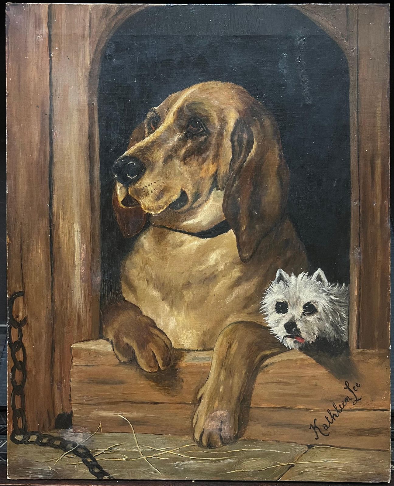 Kathleen Lee Antique Portrait Of Hound And Terrier Dogs In Kennel Oil Painting After Landseer photo furniture