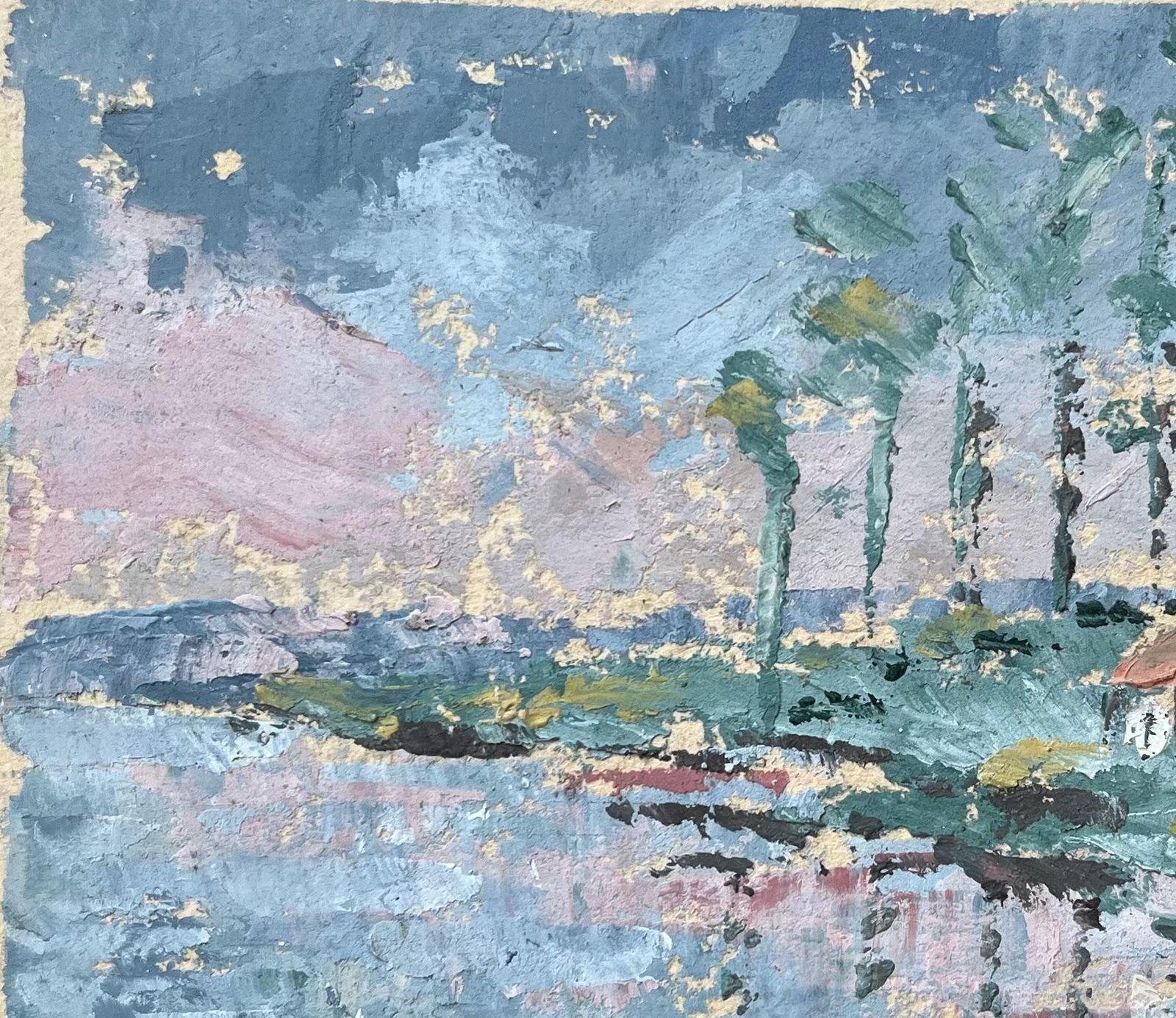 Fanch Lel French Impressionist Oil Painting Of Landscape Of Riverside Cottages At Dusk photo vinterior