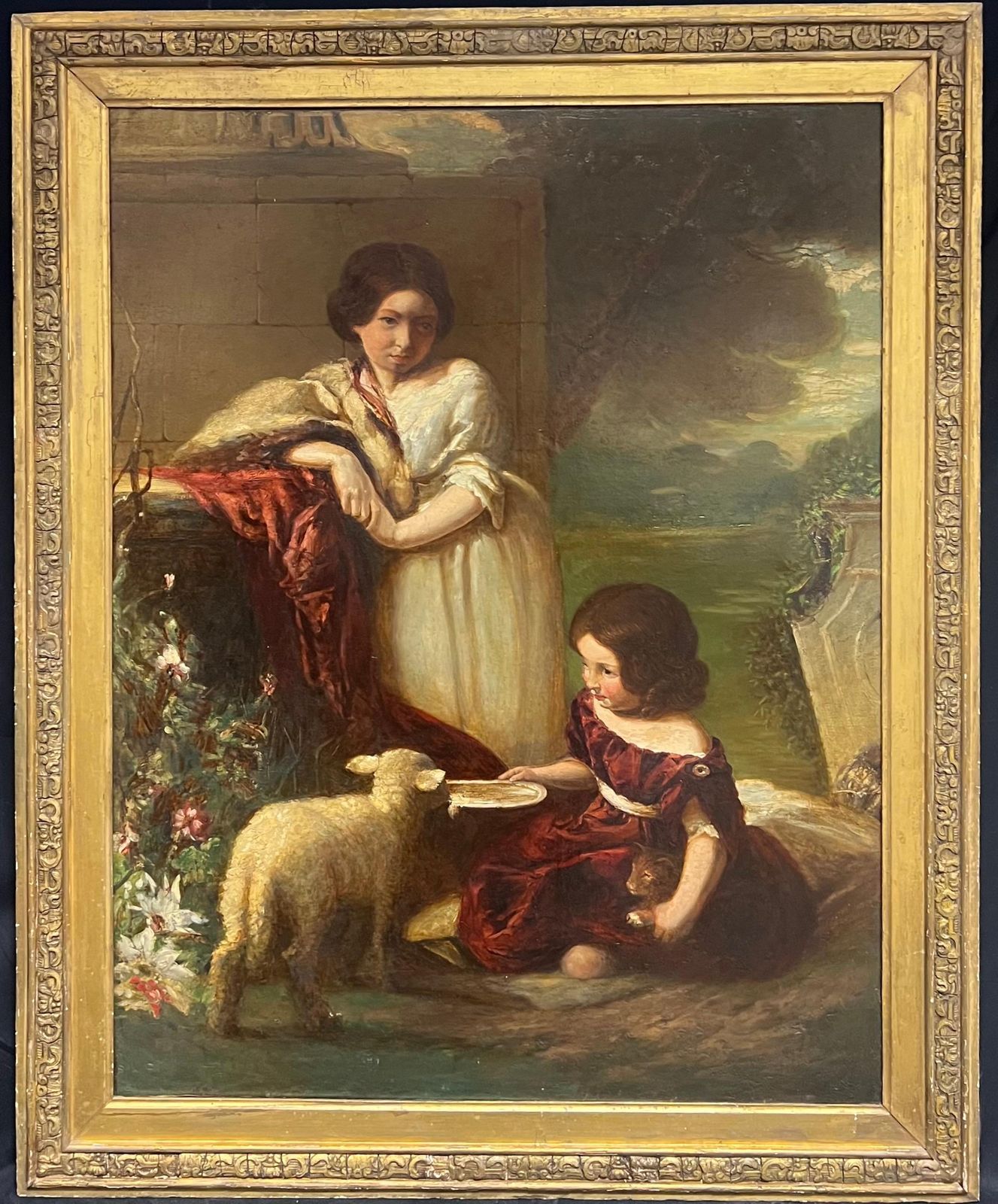 William Underhill Victorian Pastoral Scene Children With Pet Lamb & Cat 19th Century Large Oil 1847